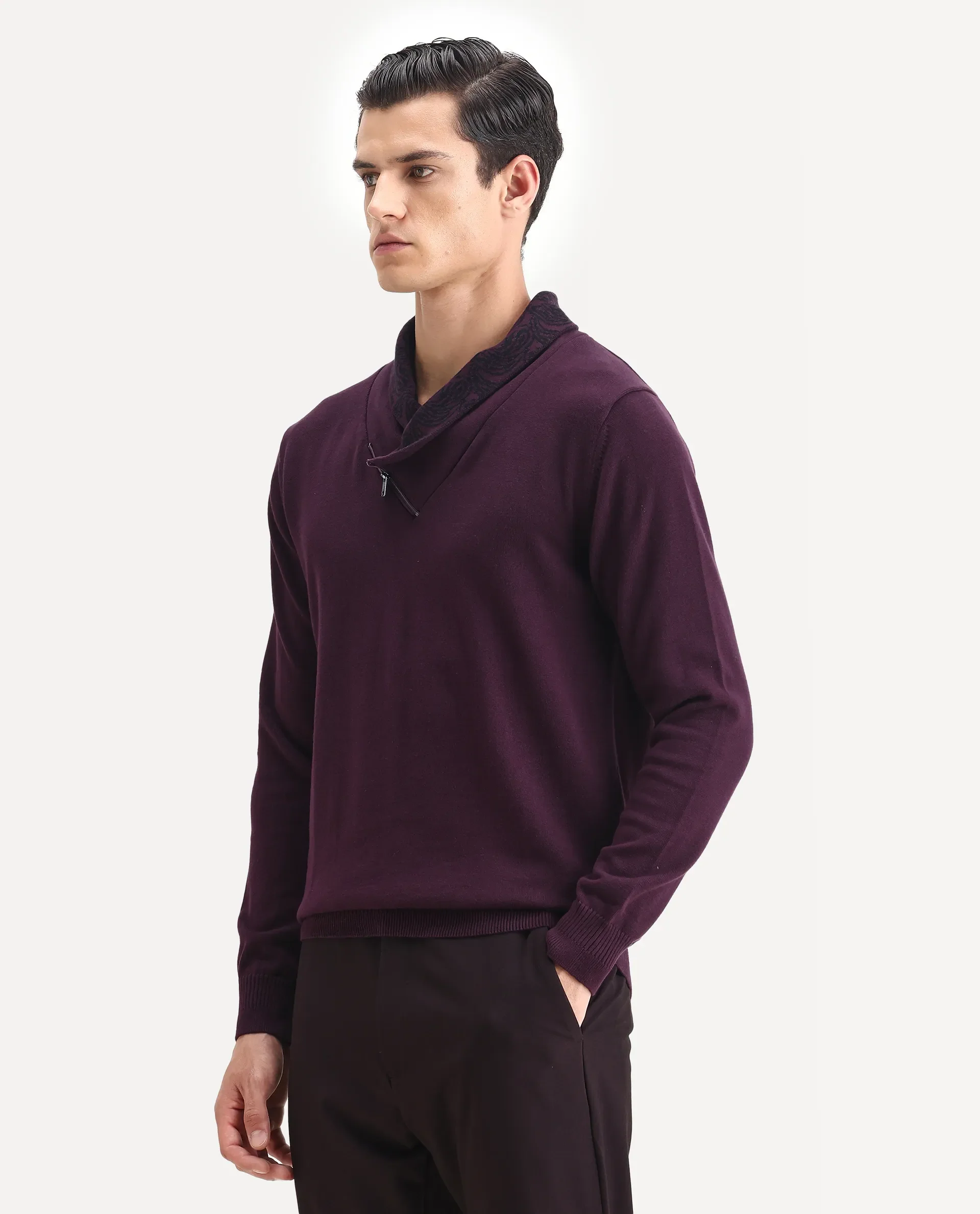 Rare Rabbit Men's Denor Purple Cotton Plain Regular Fit Full Sleeve Cowl Neck Sweater - Image 4