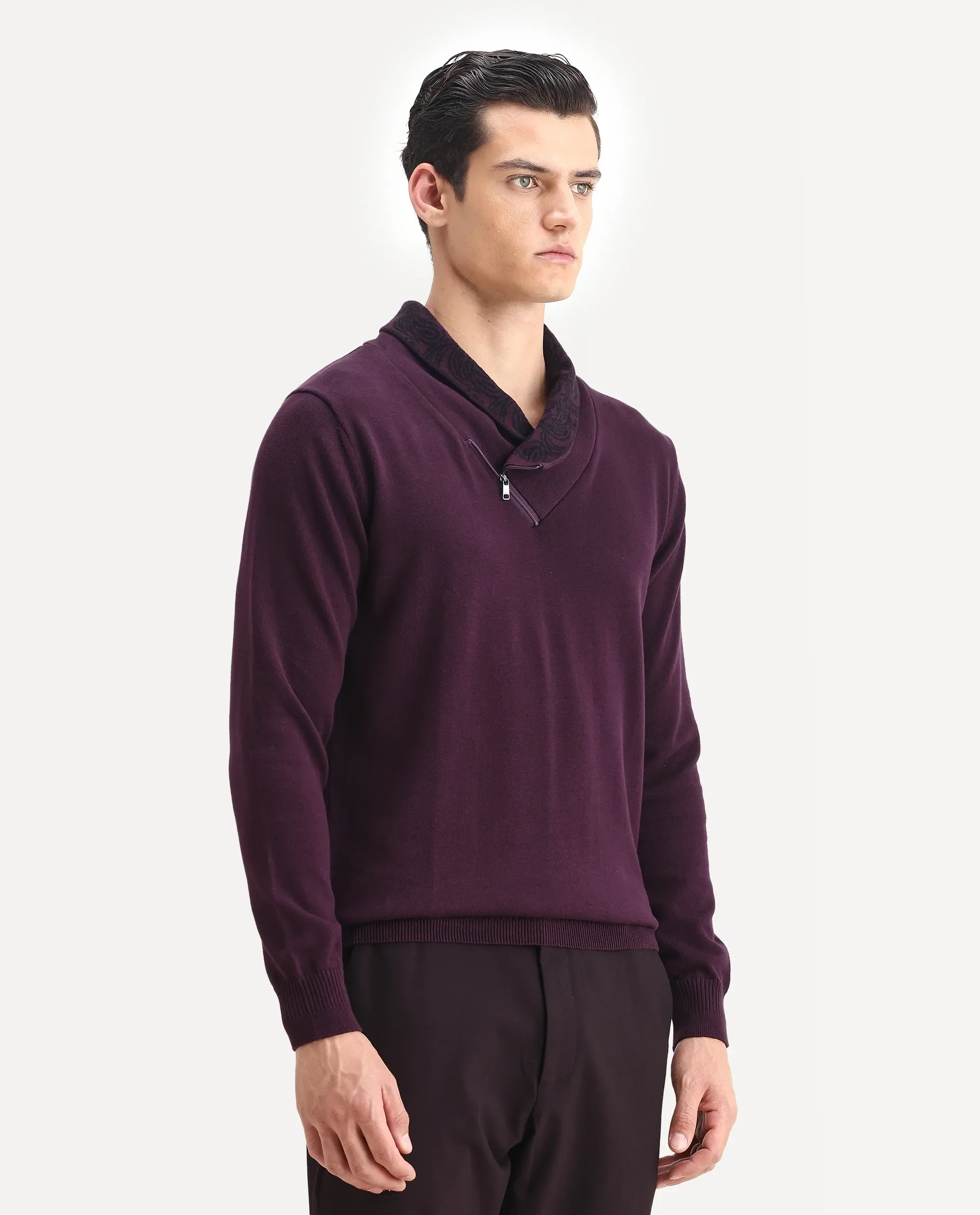Rare Rabbit Men's Denor Purple Cotton Plain Regular Fit Full Sleeve Cowl Neck Sweater - Image 5