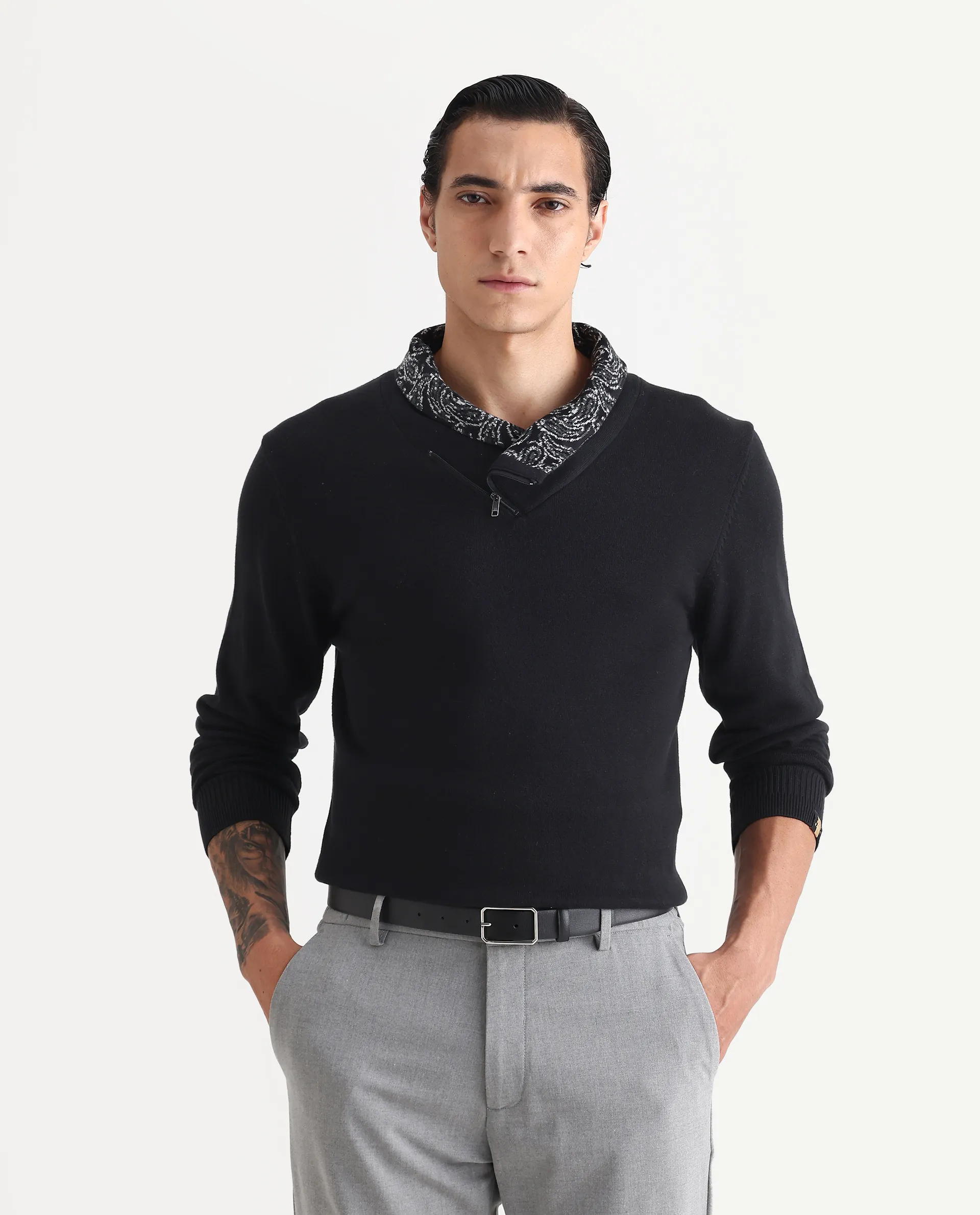 Rare Rabbit Men's Denora Black Cotton Abstract Print Regular Fit Full Sleeve Shawl Neck Sweater