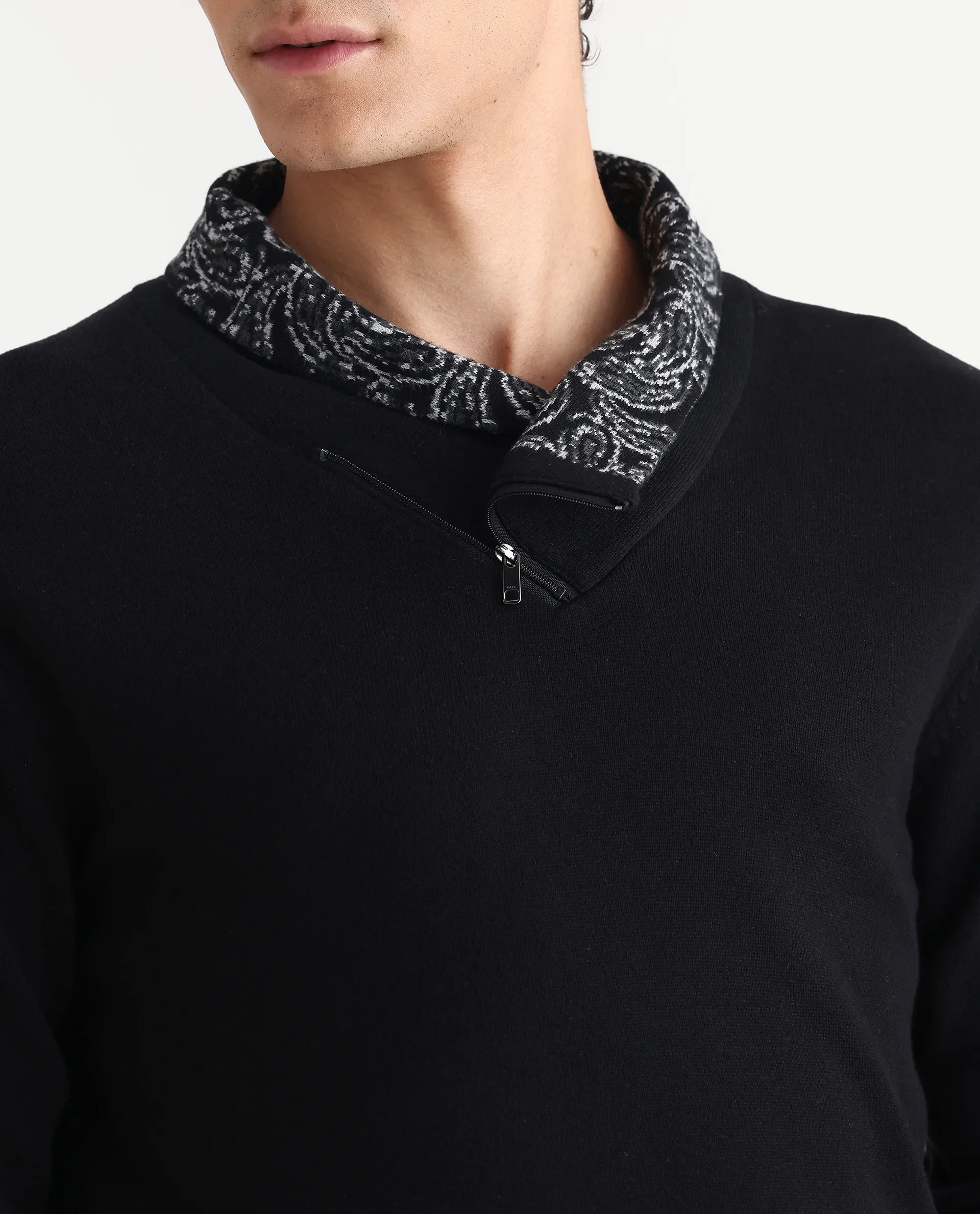 Rare Rabbit Men's Denora Black Cotton Abstract Print Regular Fit Full Sleeve Shawl Neck Sweater - Image 3