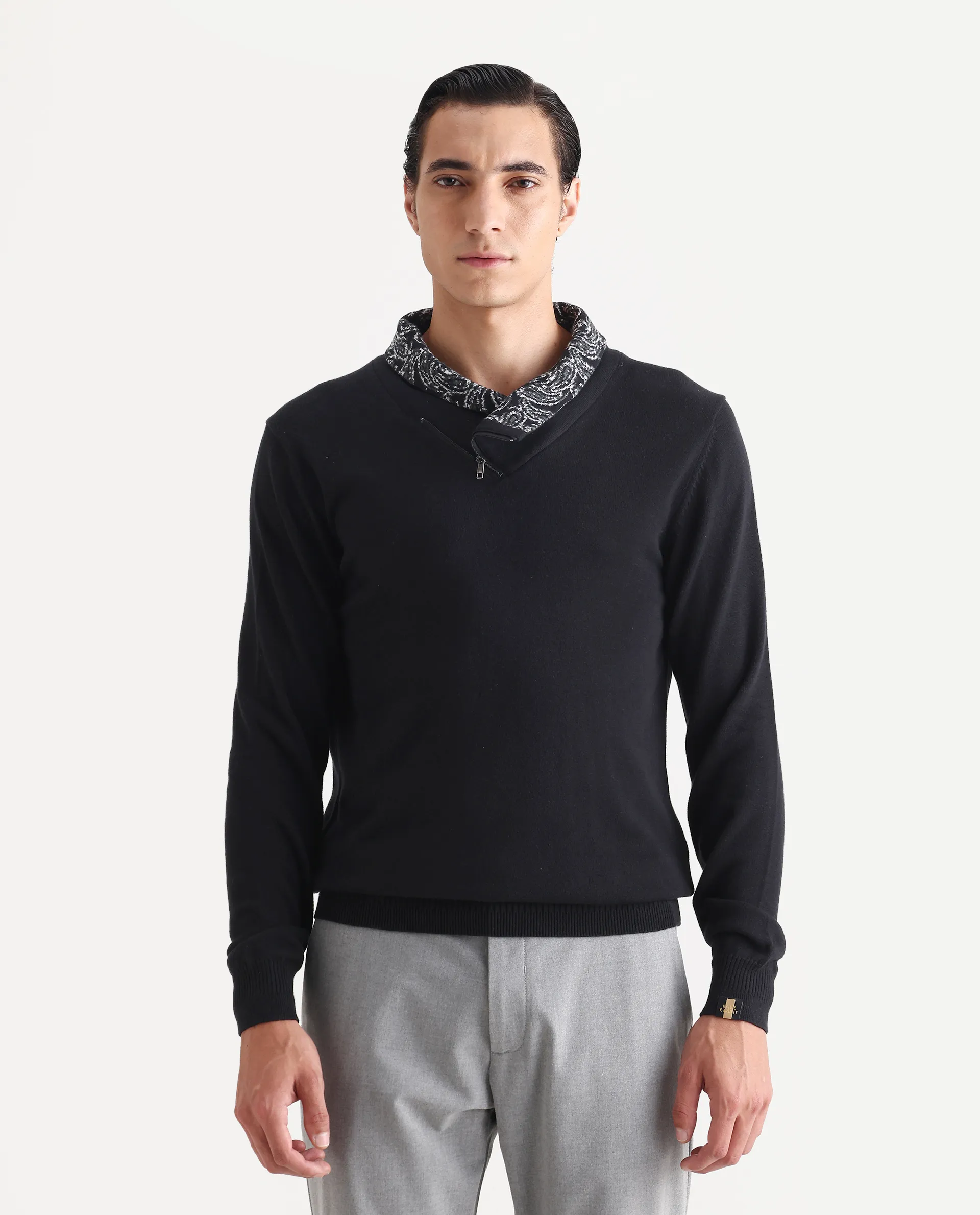 Rare Rabbit Men's Denora Black Cotton Abstract Print Regular Fit Full Sleeve Shawl Neck Sweater - Image 4