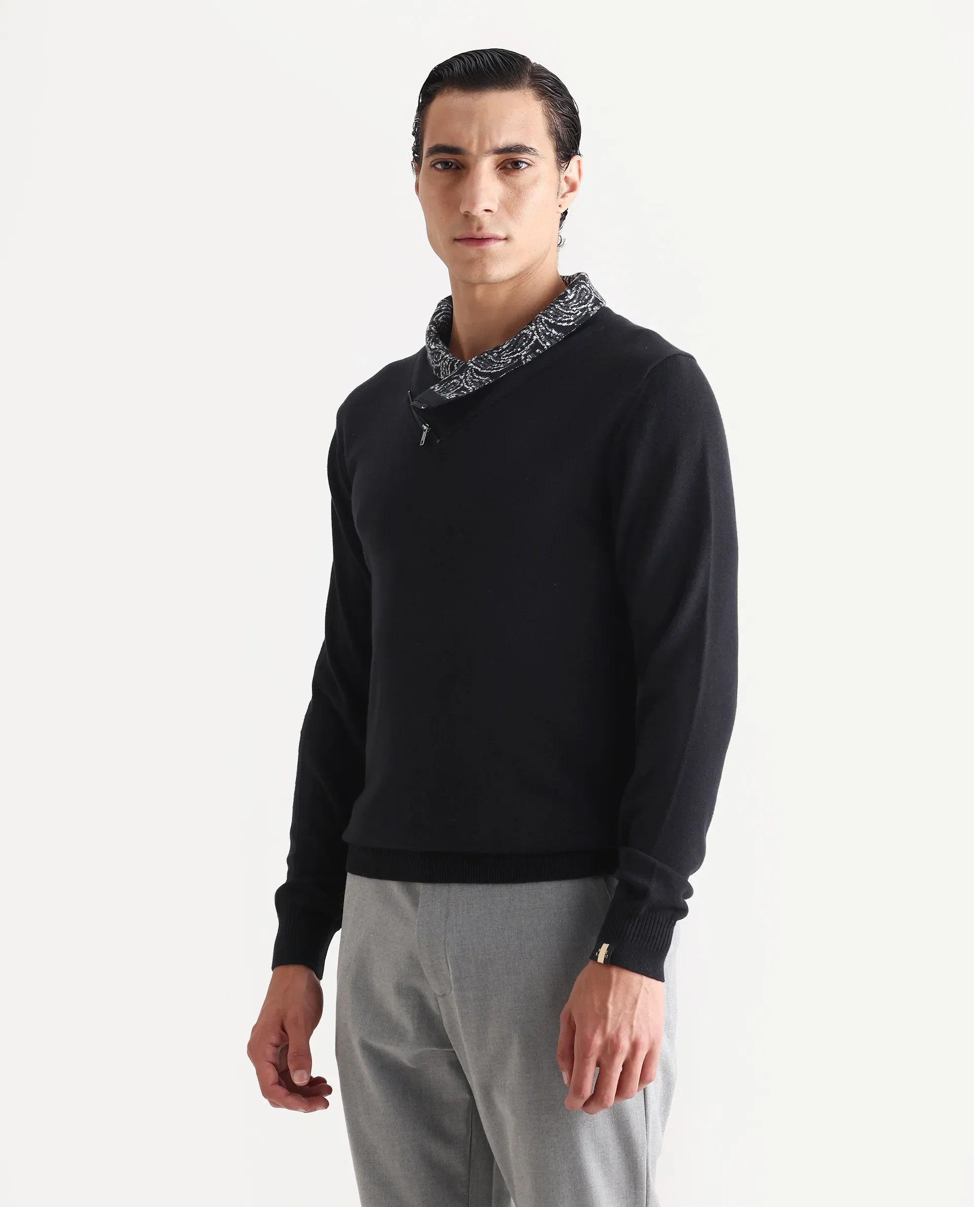 Rare Rabbit Men's Denora Black Cotton Abstract Print Regular Fit Full Sleeve Shawl Neck Sweater - Image 5