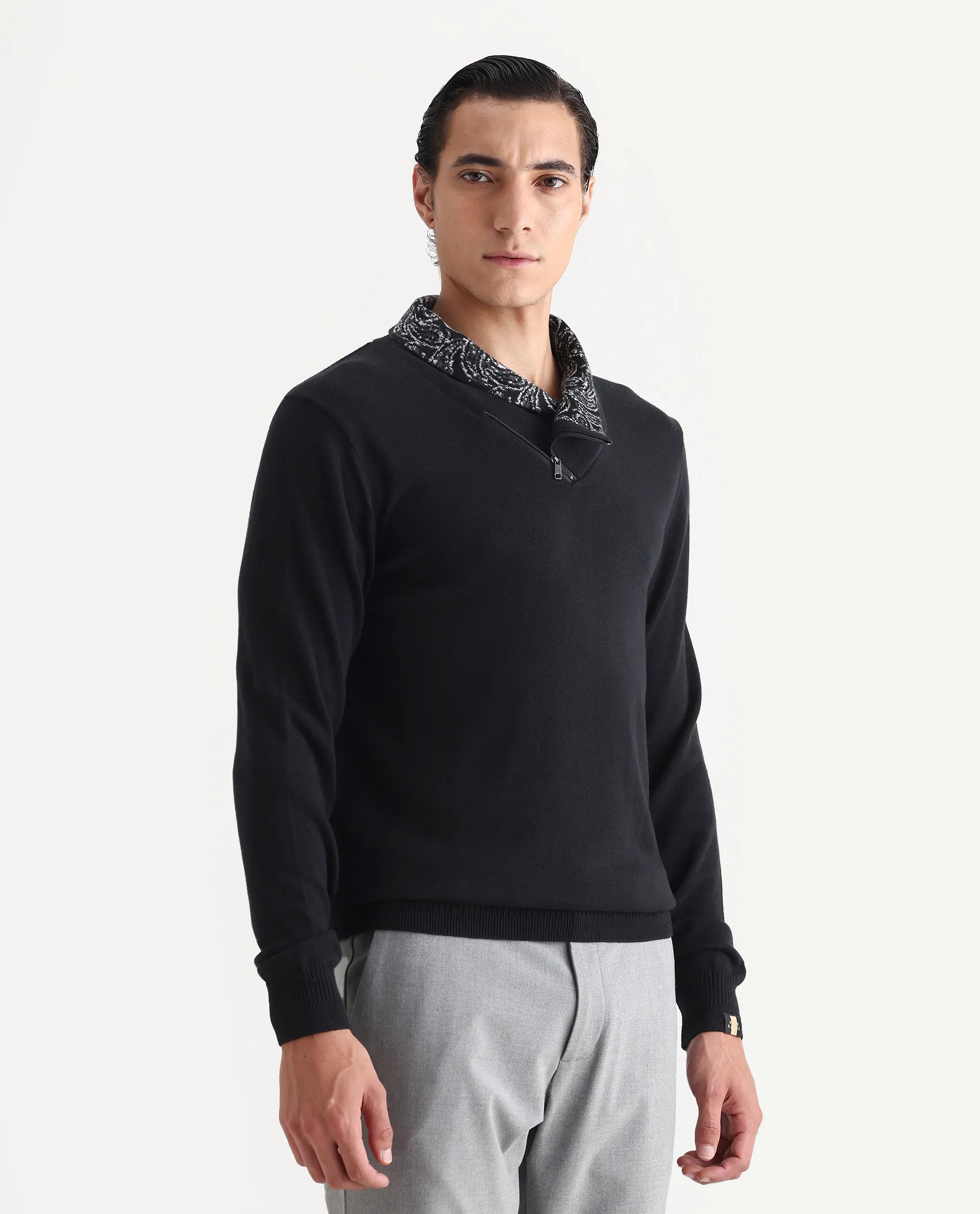 Rare Rabbit Men's Denora Black Cotton Abstract Print Regular Fit Full Sleeve Shawl Neck Sweater - Image 6