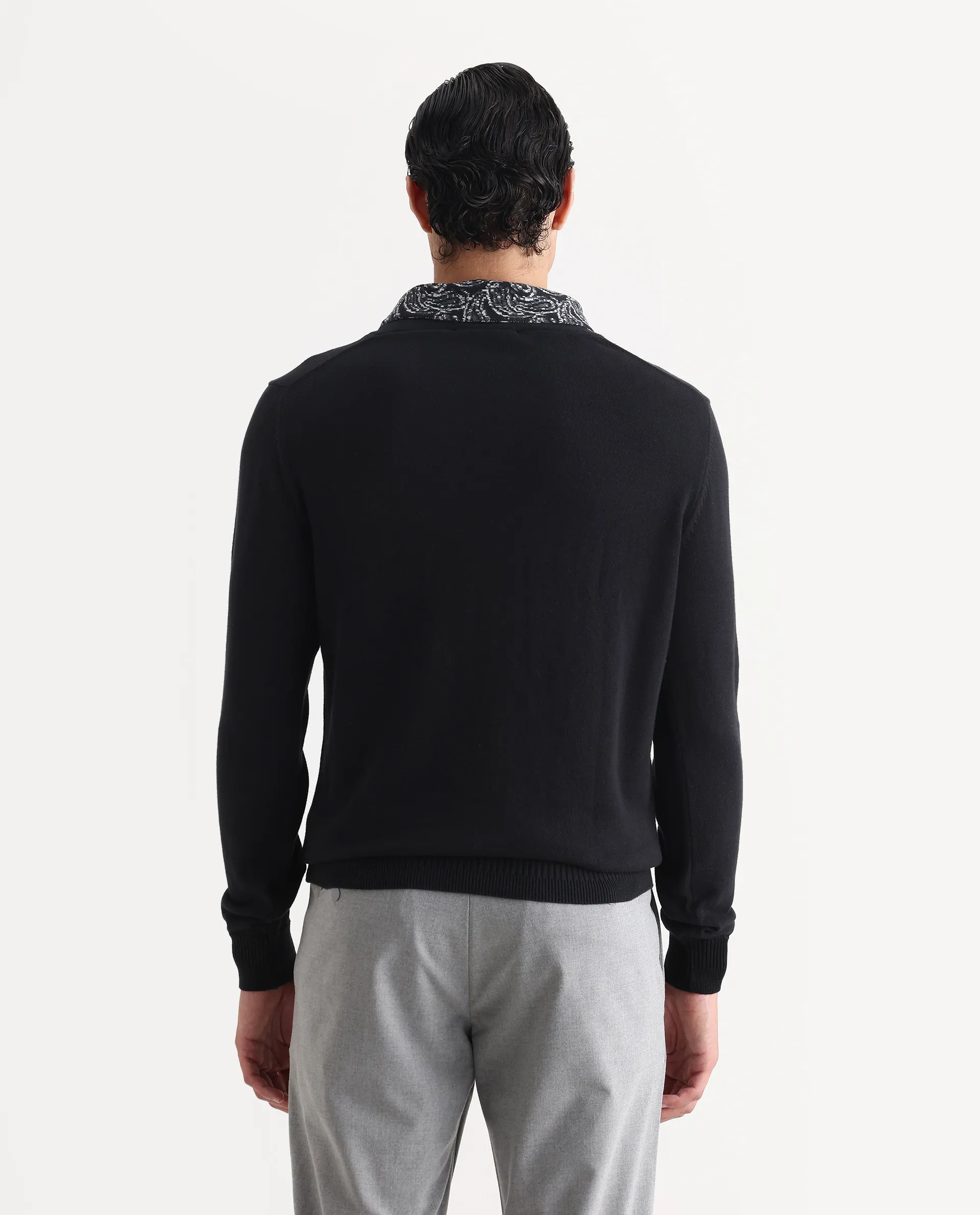 Rare Rabbit Men's Denora Black Cotton Abstract Print Regular Fit Full Sleeve Shawl Neck Sweater - Image 7