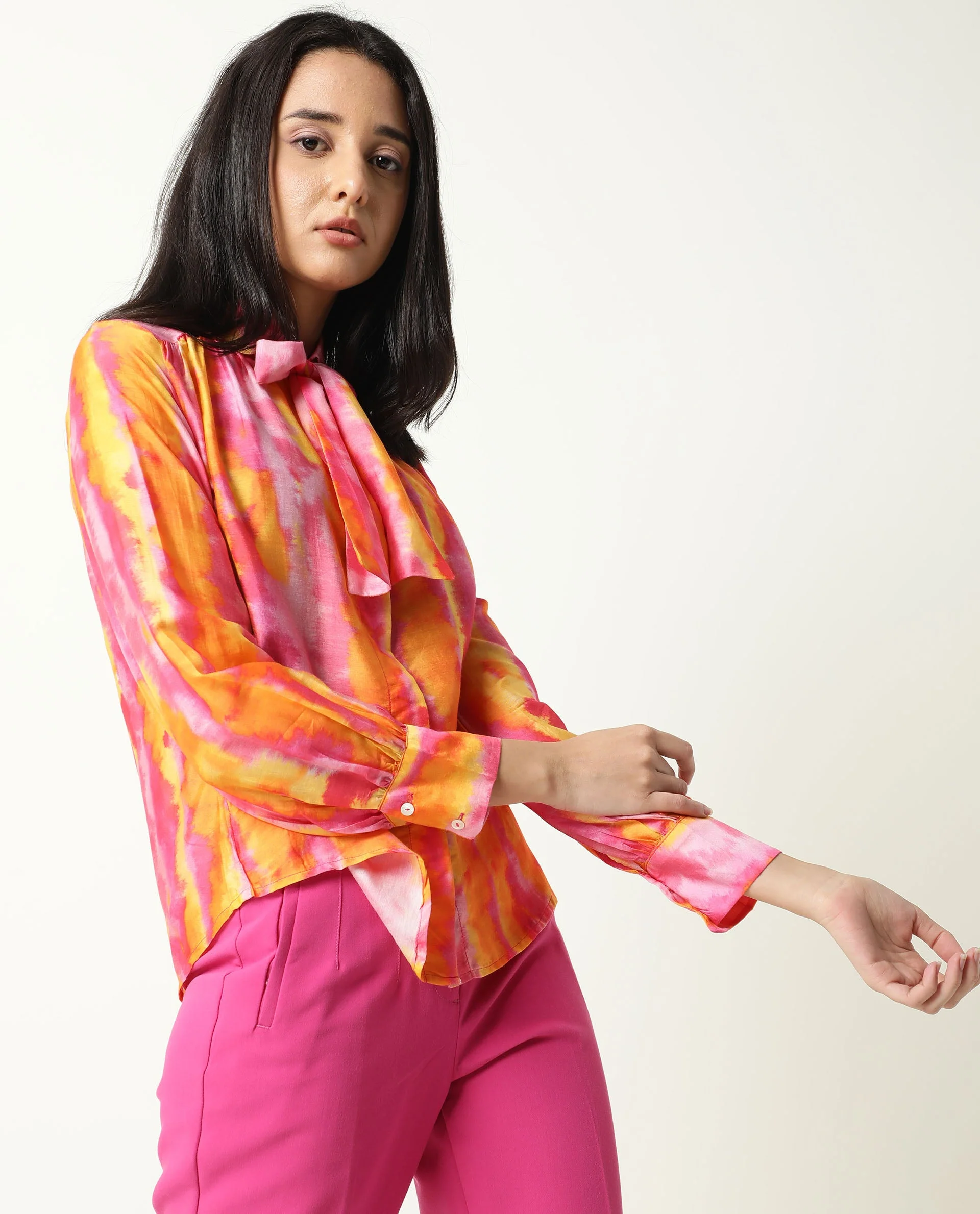 Rareism Women's Dense Pink Spread Collar Color Block Balloon Sleeve Knee Length Tailored Top - Image 10