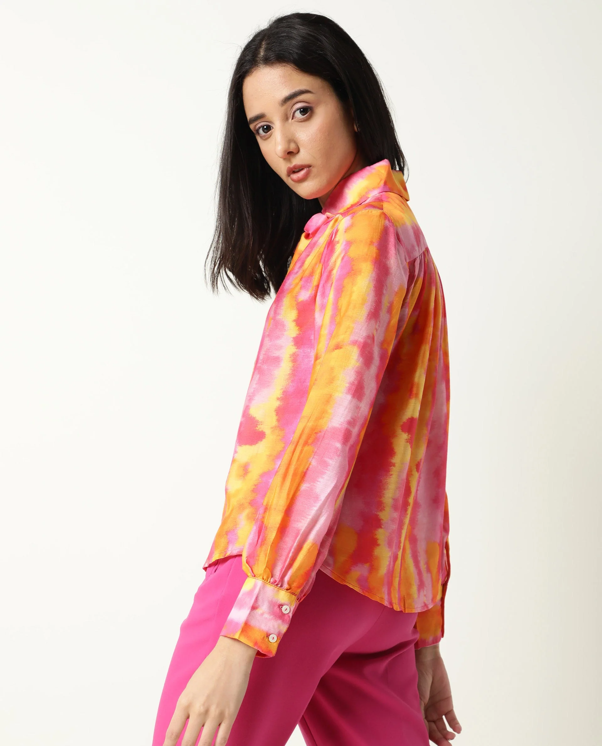 Rareism Women's Dense Pink Spread Collar Color Block Balloon Sleeve Knee Length Tailored Top - Image 11
