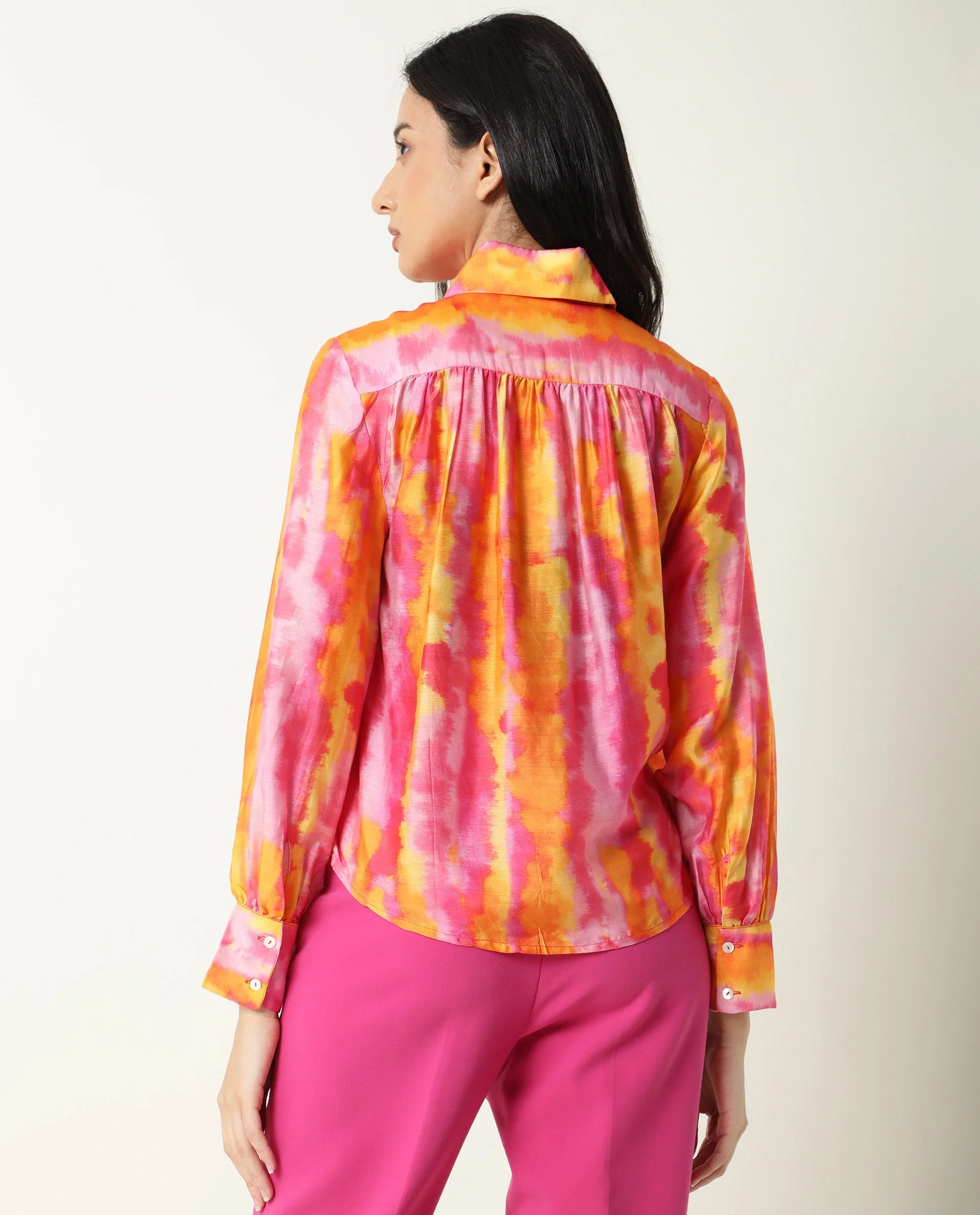 Rareism Women's Dense Pink Spread Collar Color Block Balloon Sleeve Knee Length Tailored Top - Image 12