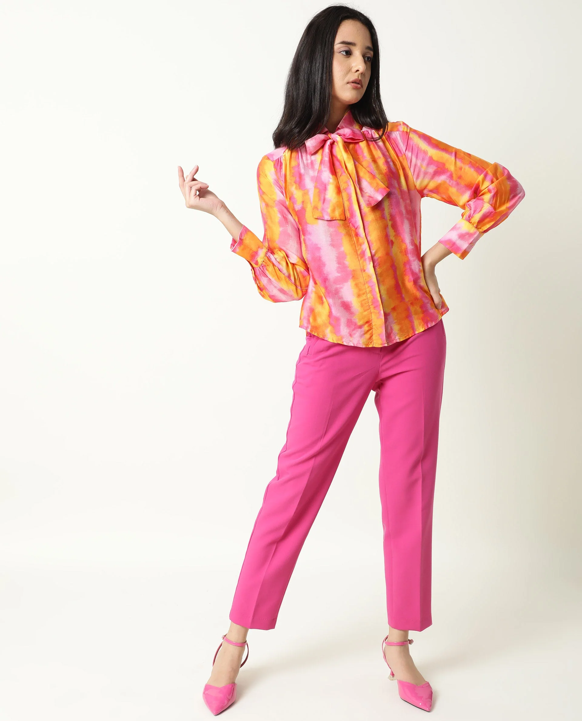 Rareism Women's Dense Pink Spread Collar Color Block Balloon Sleeve Knee Length Tailored Top - Image 2