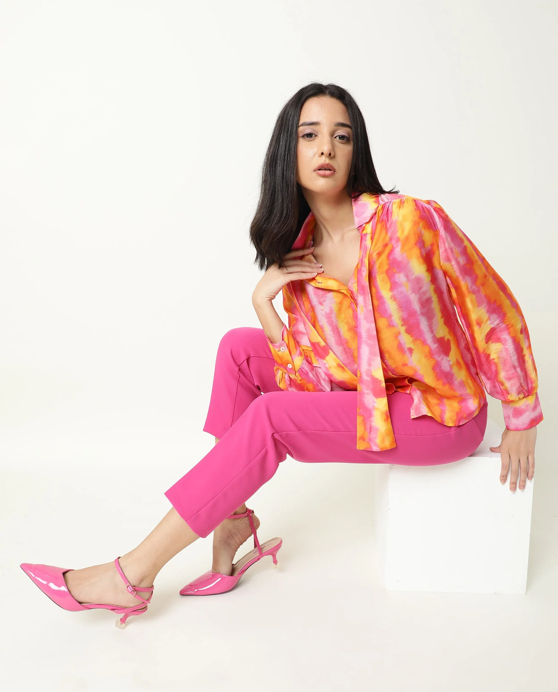 Rareism Women's Dense Pink Spread Collar Color Block Balloon Sleeve Knee Length Tailored Top - Image 3