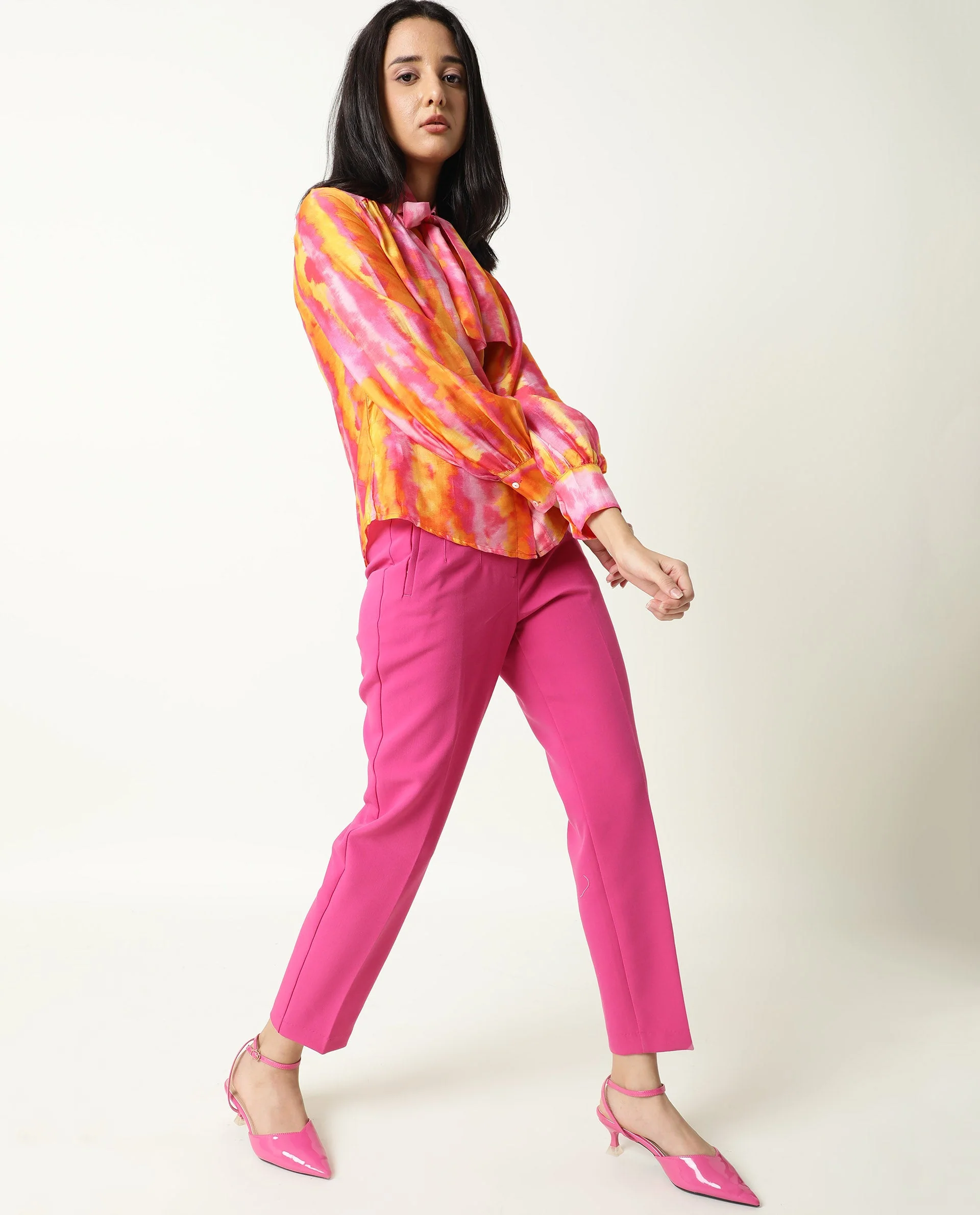 Rareism Women's Dense Pink Spread Collar Color Block Balloon Sleeve Knee Length Tailored Top - Image 4