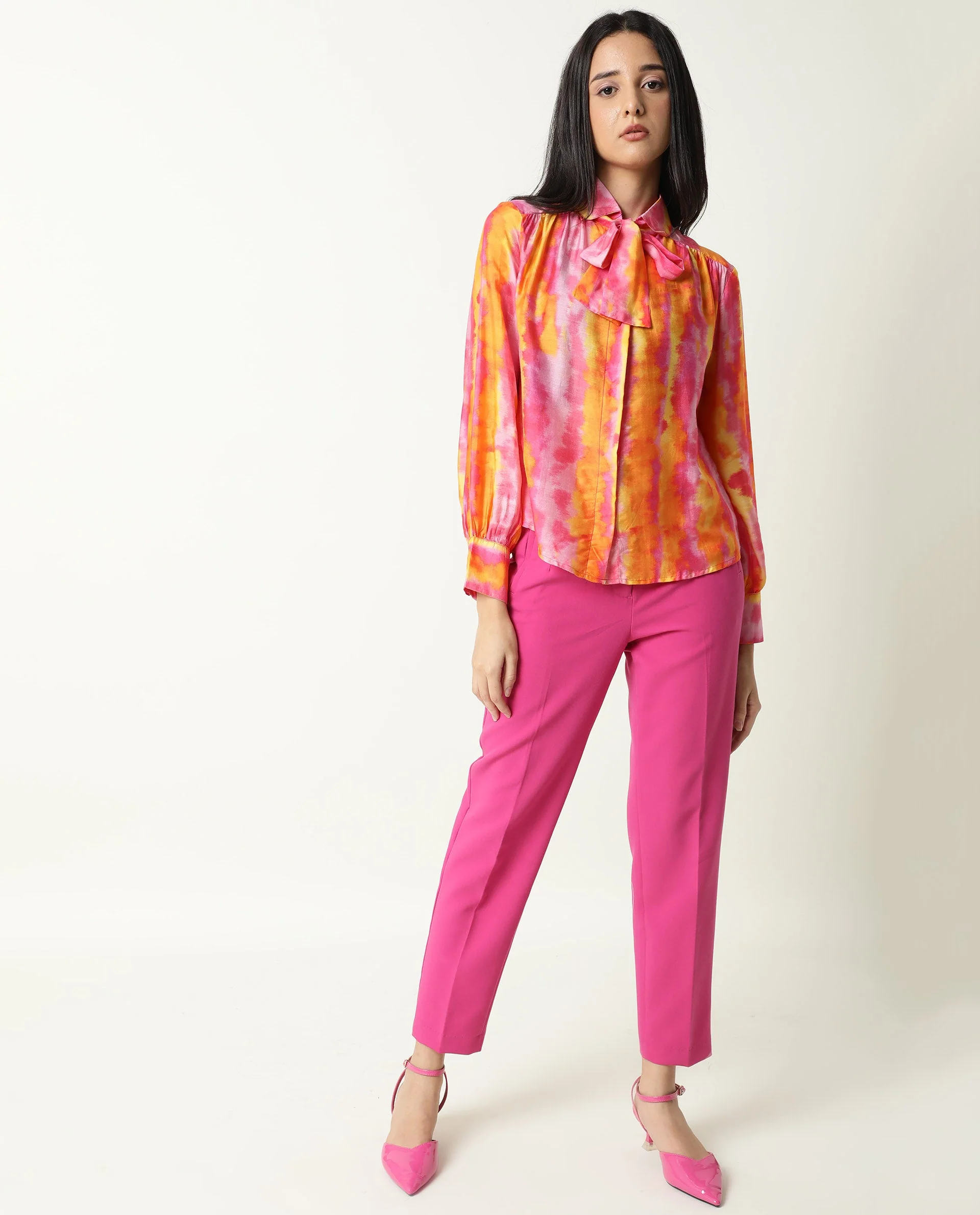 Rareism Women's Dense Pink Spread Collar Color Block Balloon Sleeve Knee Length Tailored Top - Image 5