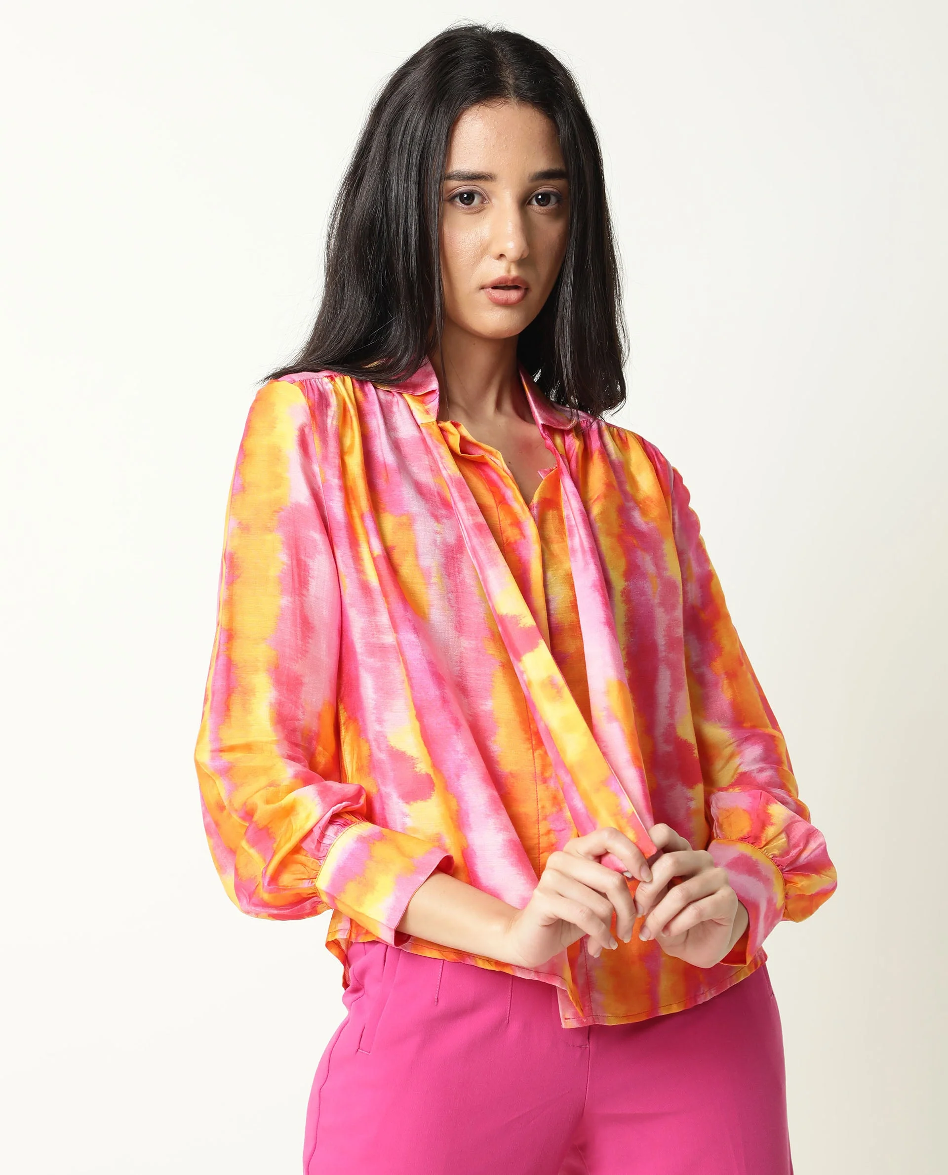 Rareism Women's Dense Pink Spread Collar Color Block Balloon Sleeve Knee Length Tailored Top - Image 6