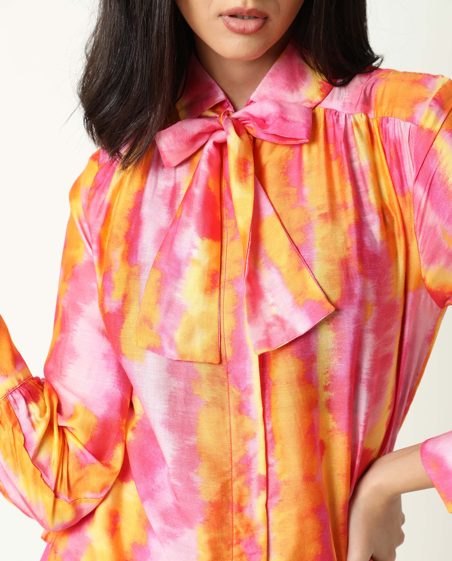Rareism Women's Dense Pink Spread Collar Color Block Balloon Sleeve Knee Length Tailored Top - Image 7
