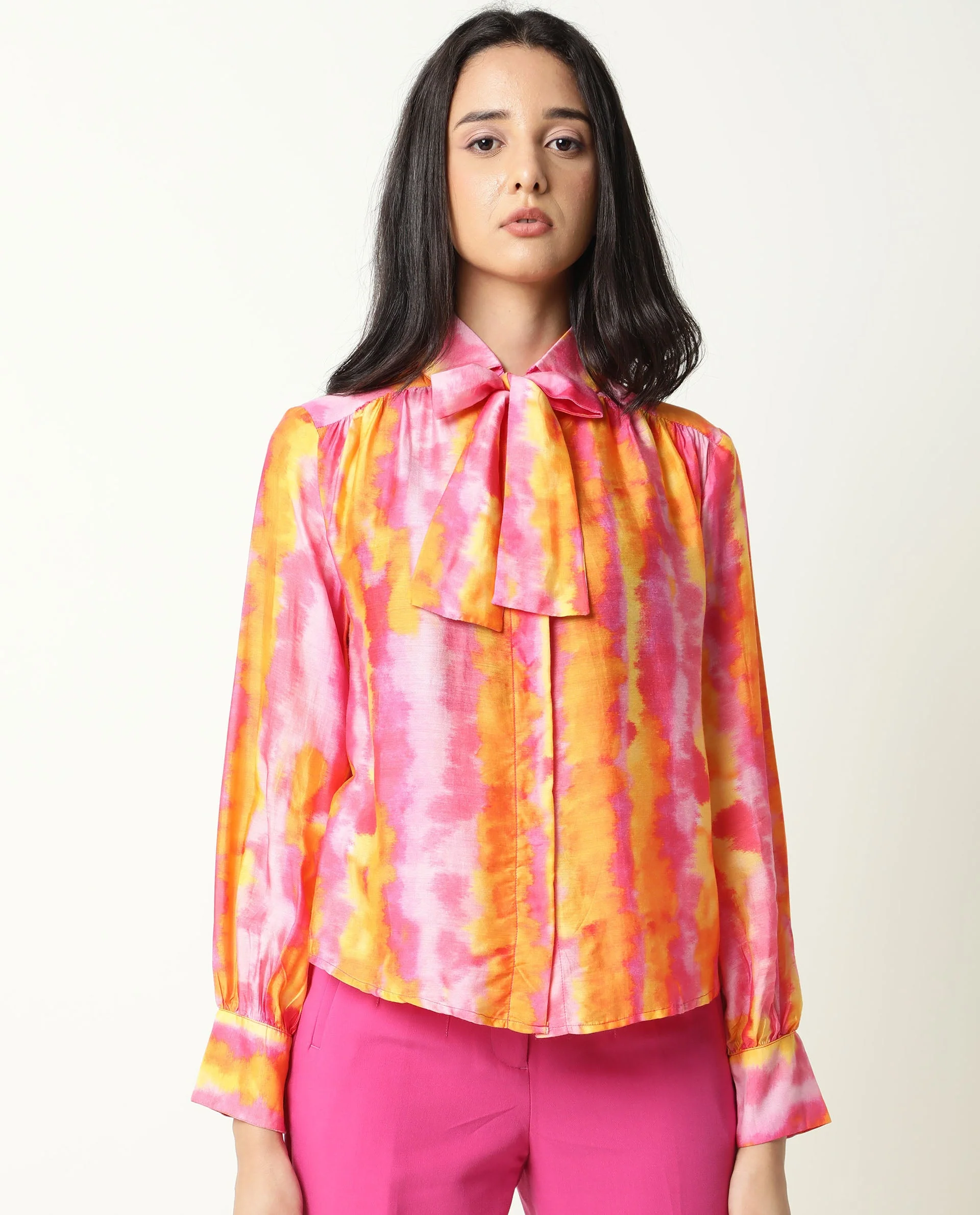 Rareism Women's Dense Pink Spread Collar Color Block Balloon Sleeve Knee Length Tailored Top - Image 8