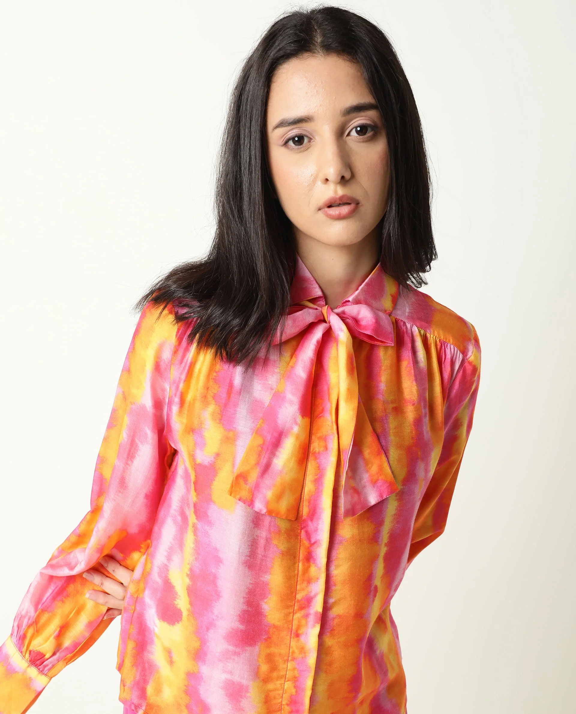 Rareism Women's Dense Pink Spread Collar Color Block Balloon Sleeve Knee Length Tailored Top - Image 9