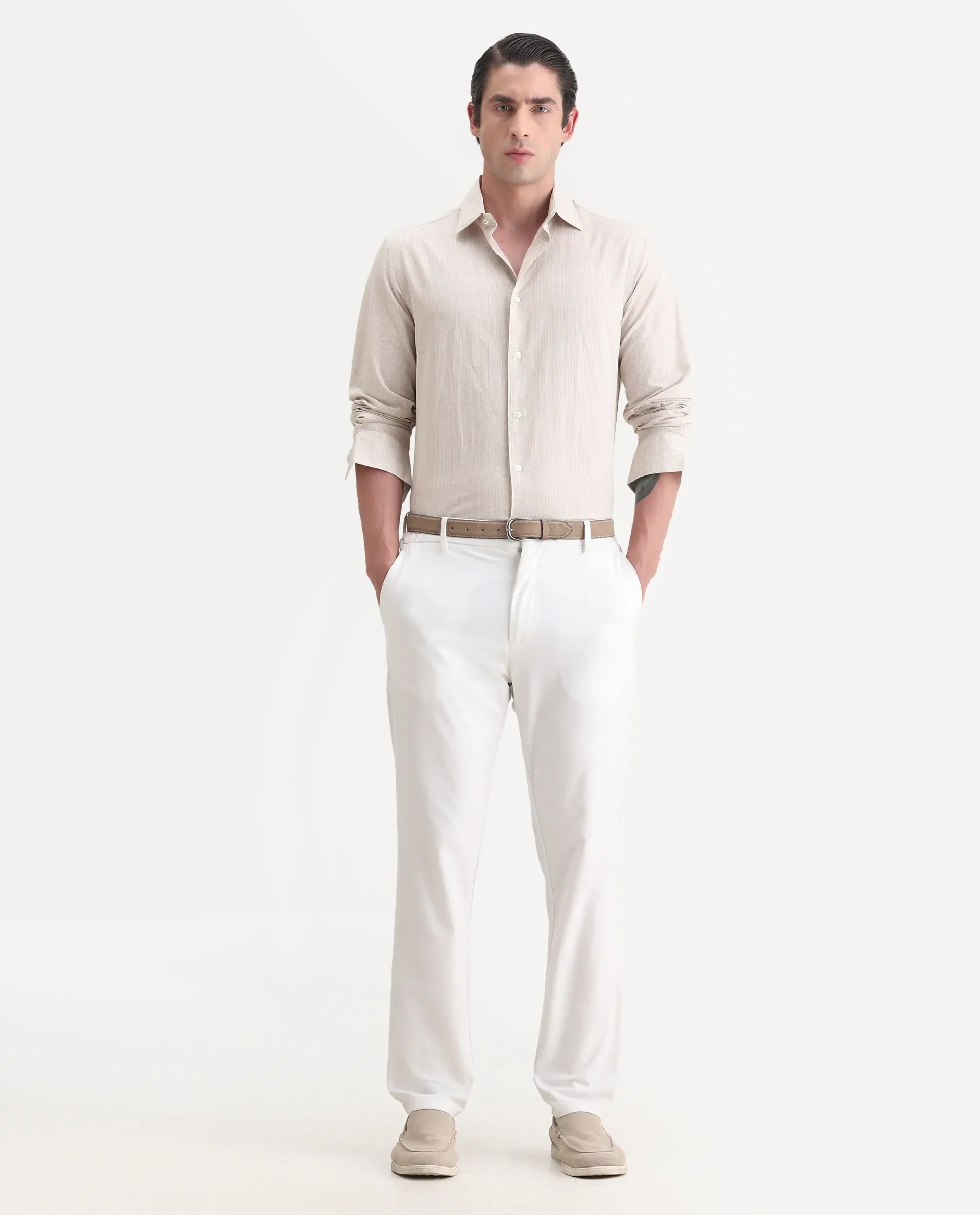 Rare Rabbit Men's Dento Beige Linen Blend Striped Print Regular Fit Full Sleeve Collared Shirt - Image 2