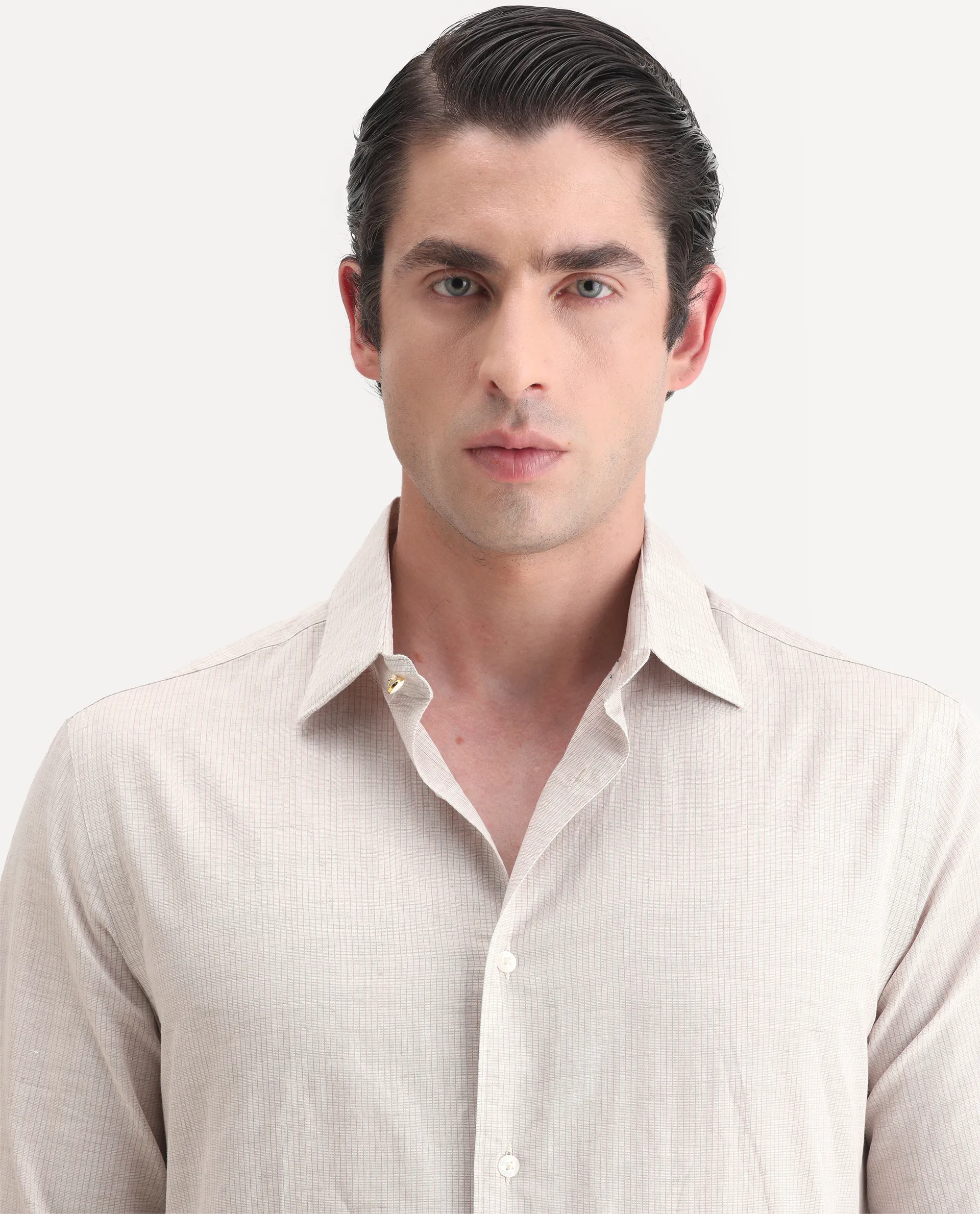 Rare Rabbit Men's Dento Beige Linen Blend Striped Print Regular Fit Full Sleeve Collared Shirt - Image 3