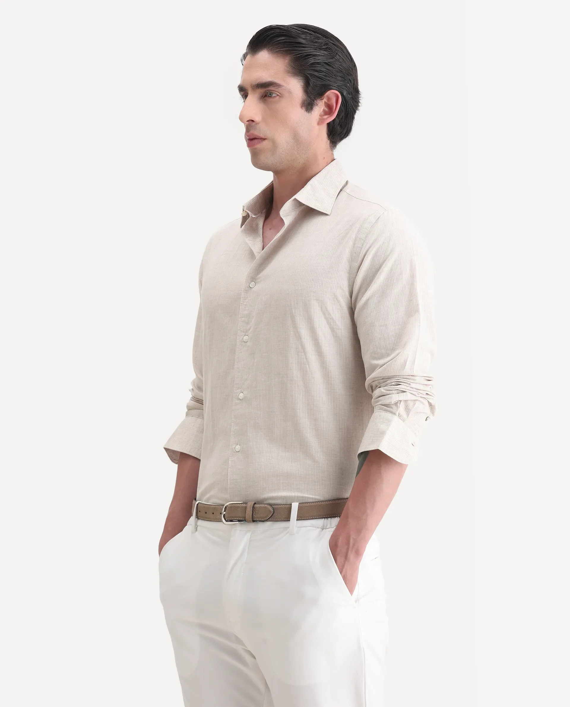 Rare Rabbit Men's Dento Beige Linen Blend Striped Print Regular Fit Full Sleeve Collared Shirt - Image 5