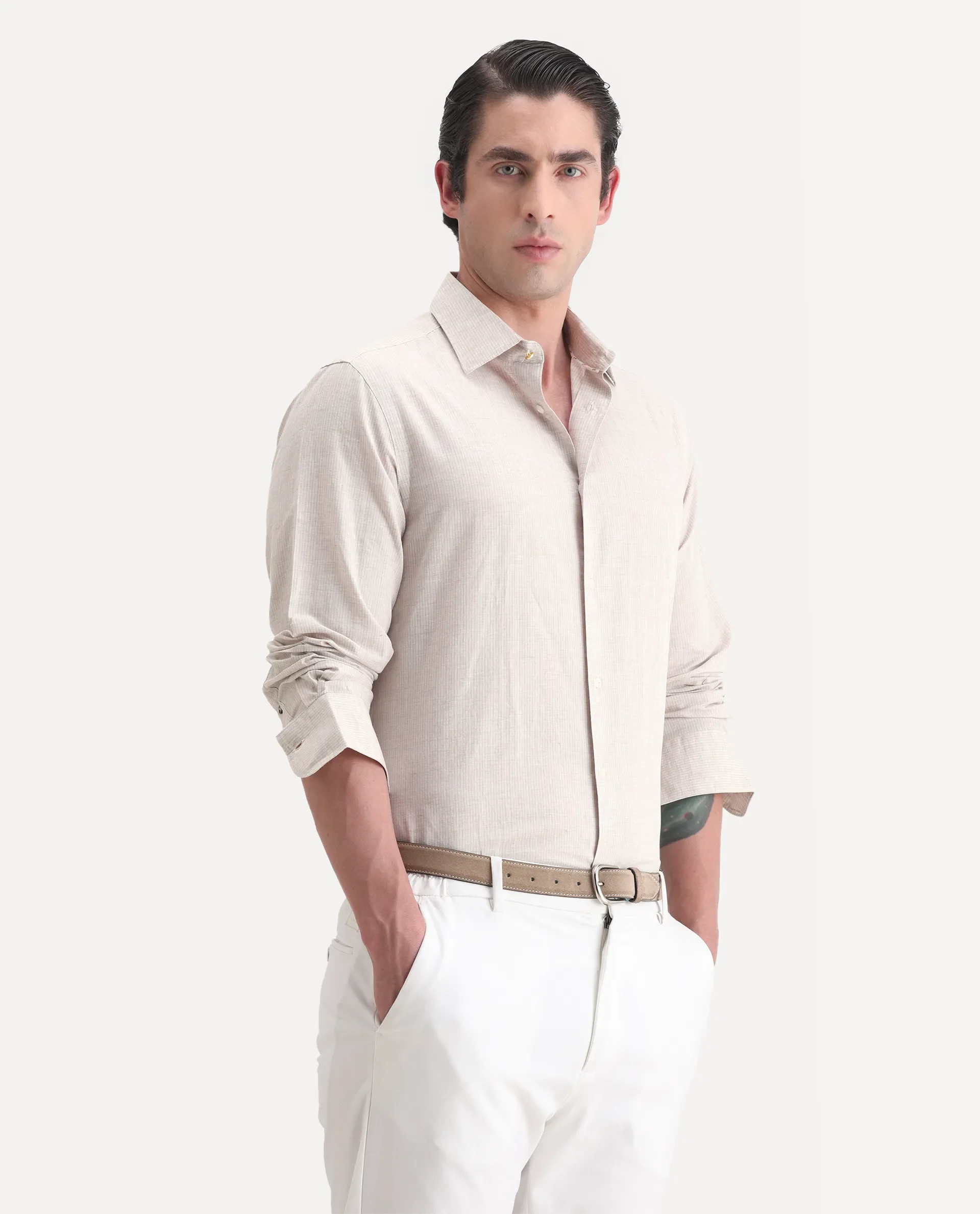 Rare Rabbit Men's Dento Beige Linen Blend Striped Print Regular Fit Full Sleeve Collared Shirt - Image 6