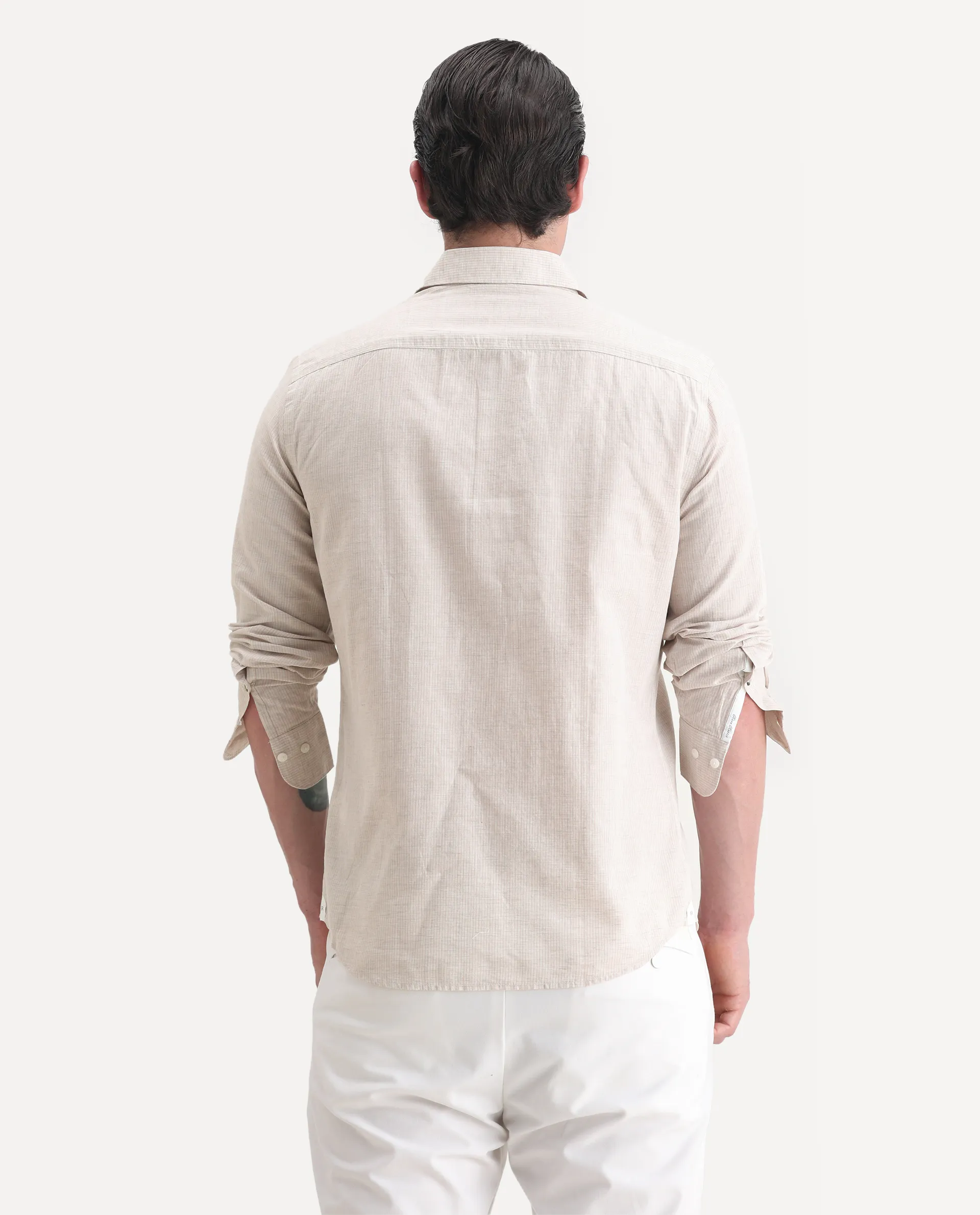 Rare Rabbit Men's Dento Beige Linen Blend Striped Print Regular Fit Full Sleeve Collared Shirt - Image 7