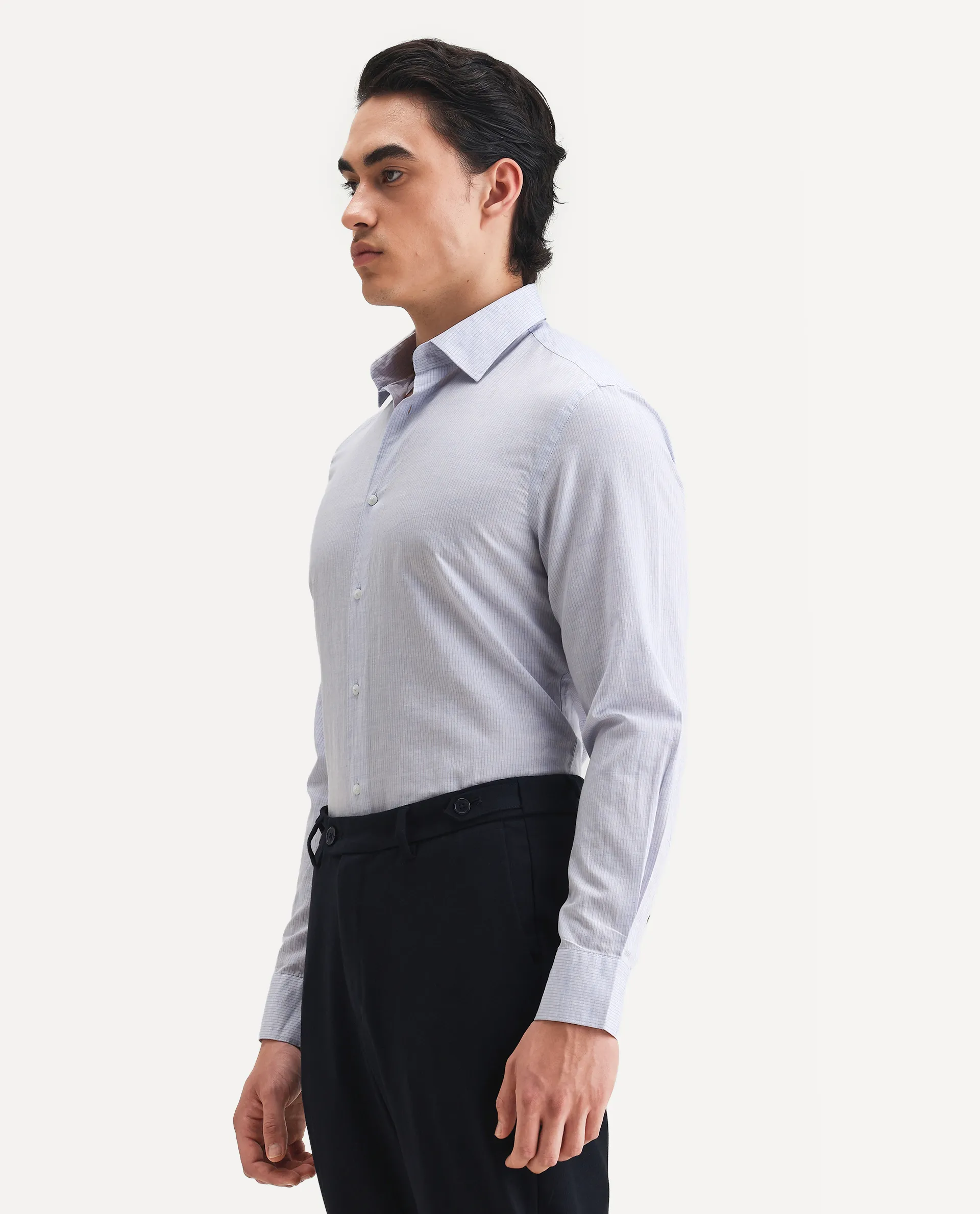 Rare Rabbit Men's Dento Light Blue Linen Blend Striped Print Regular Fit Full Sleeve Collared Shirt - Image 4