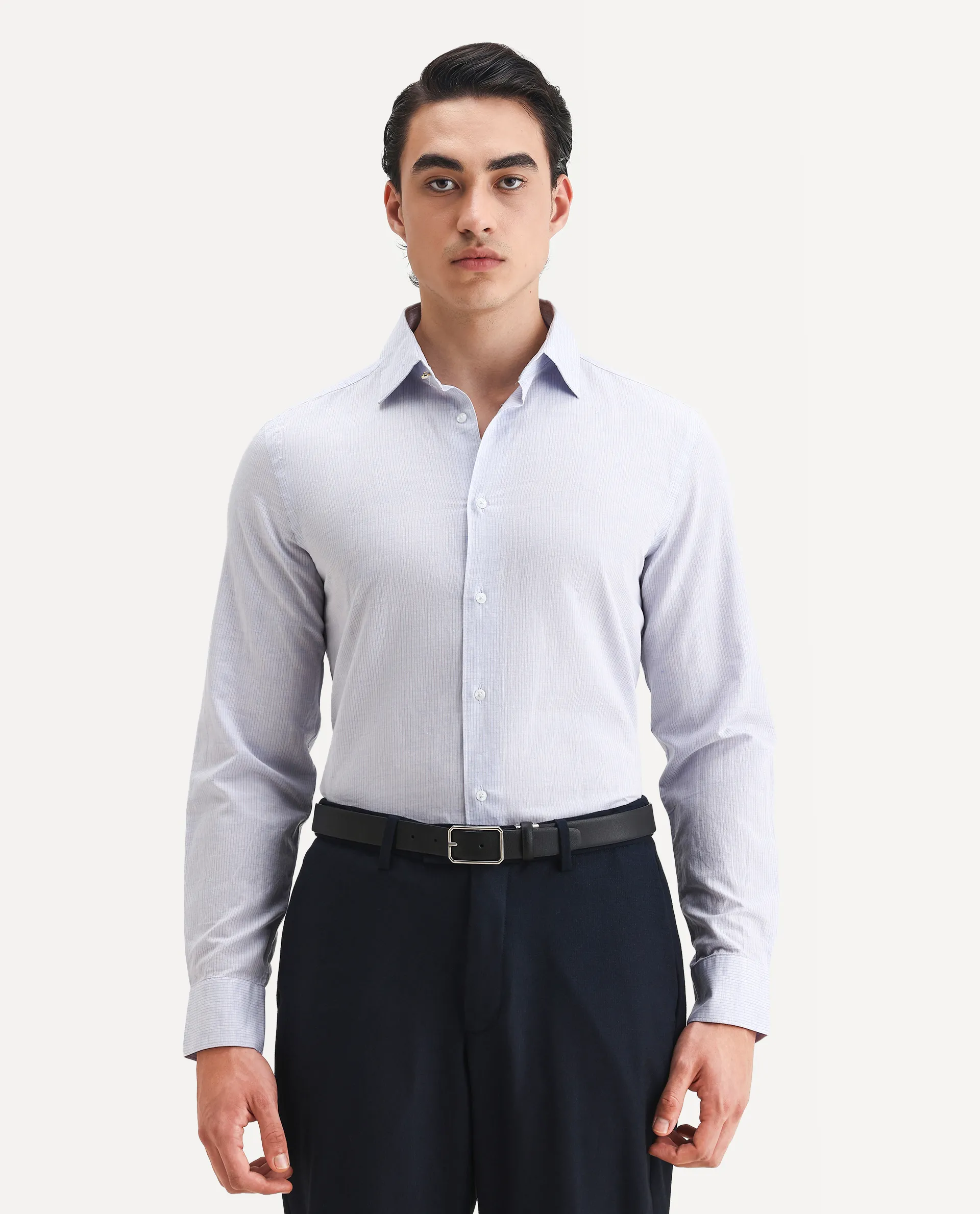 Rare Rabbit Men's Dento Light Blue Linen Blend Striped Print Regular Fit Full Sleeve Collared Shirt - Image 6