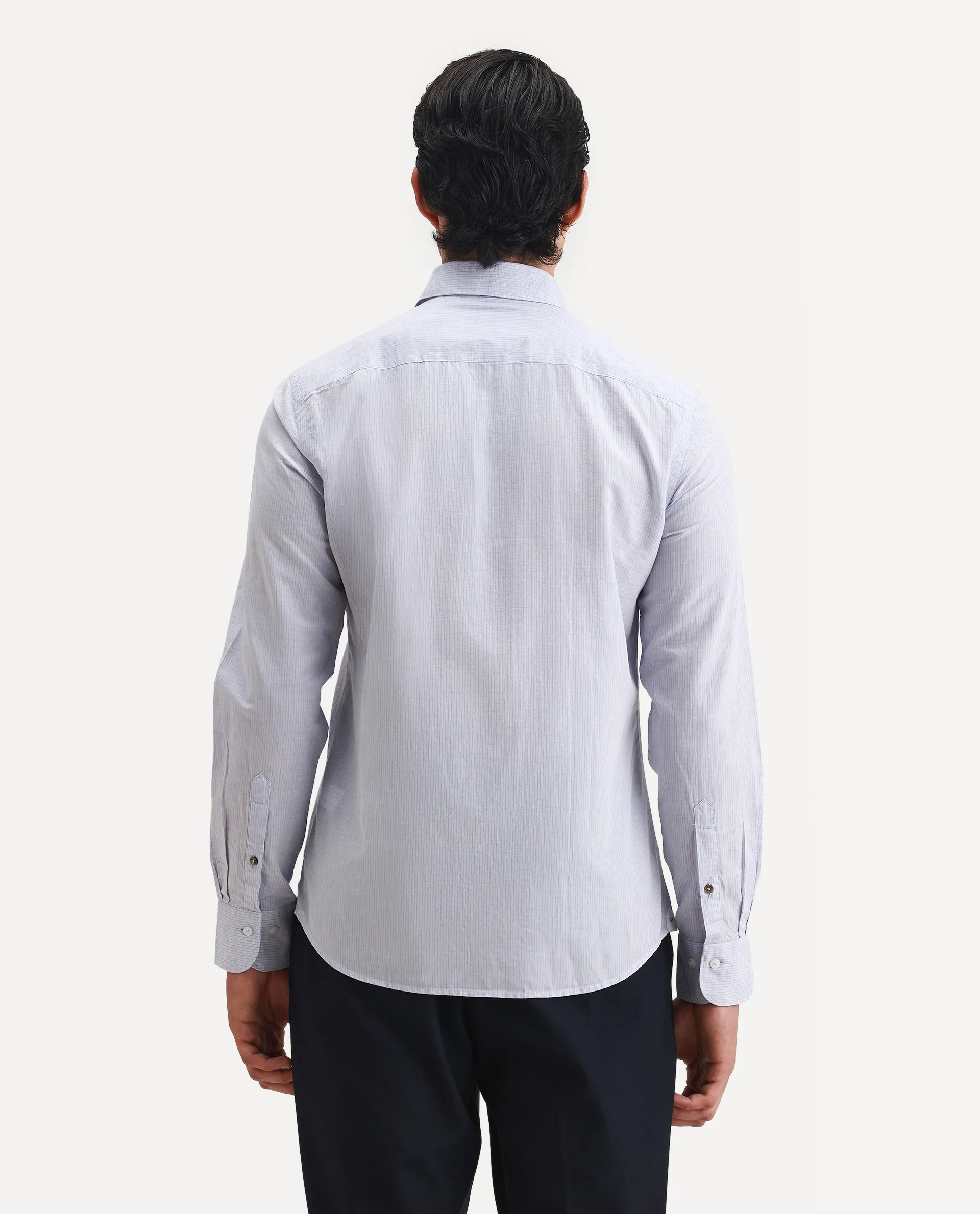 Rare Rabbit Men's Dento Light Blue Linen Blend Striped Print Regular Fit Full Sleeve Collared Shirt - Image 7