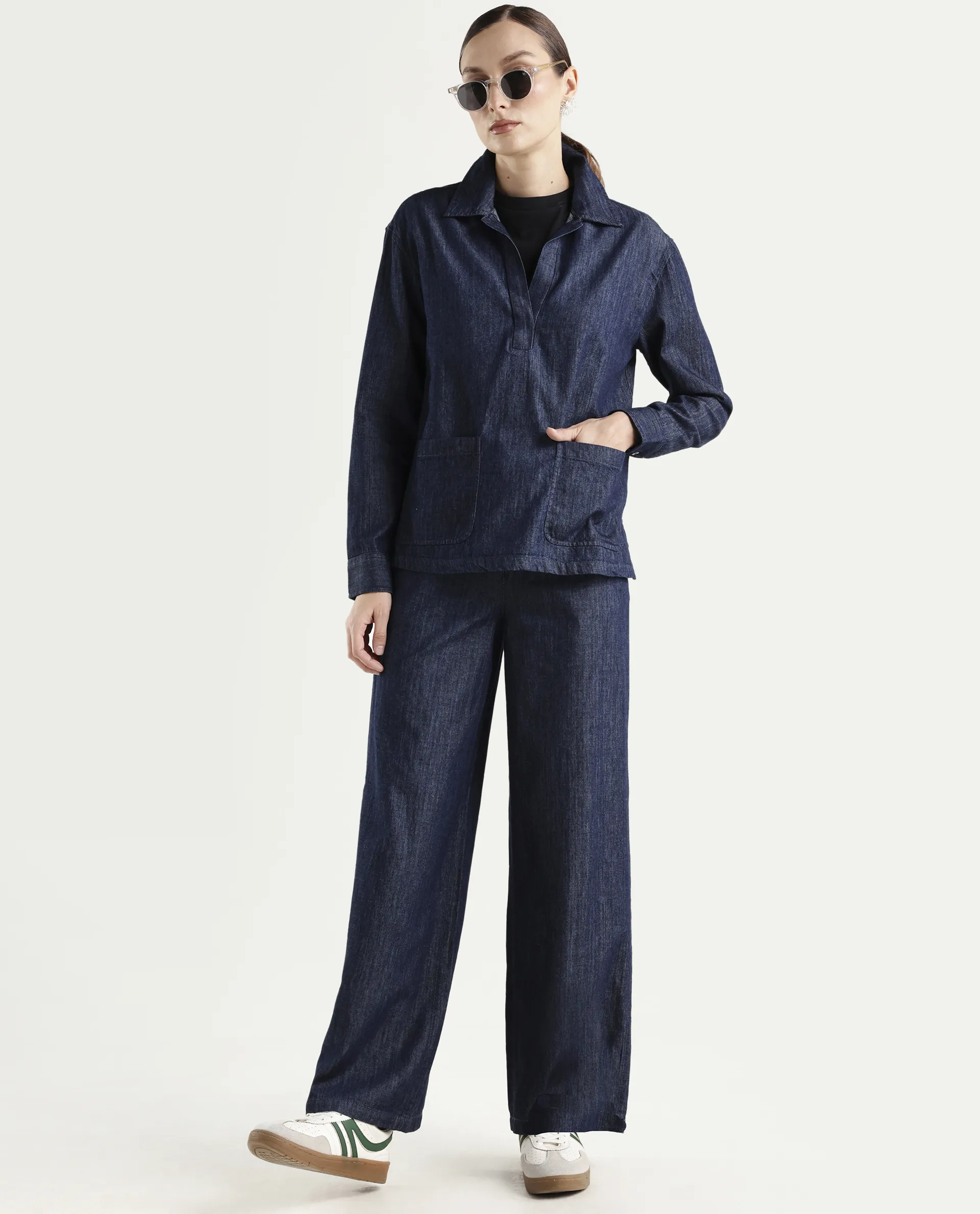 Rareism Women's Dento Blue Cotton Spread Collar Relaxed Plain Top - Image 2