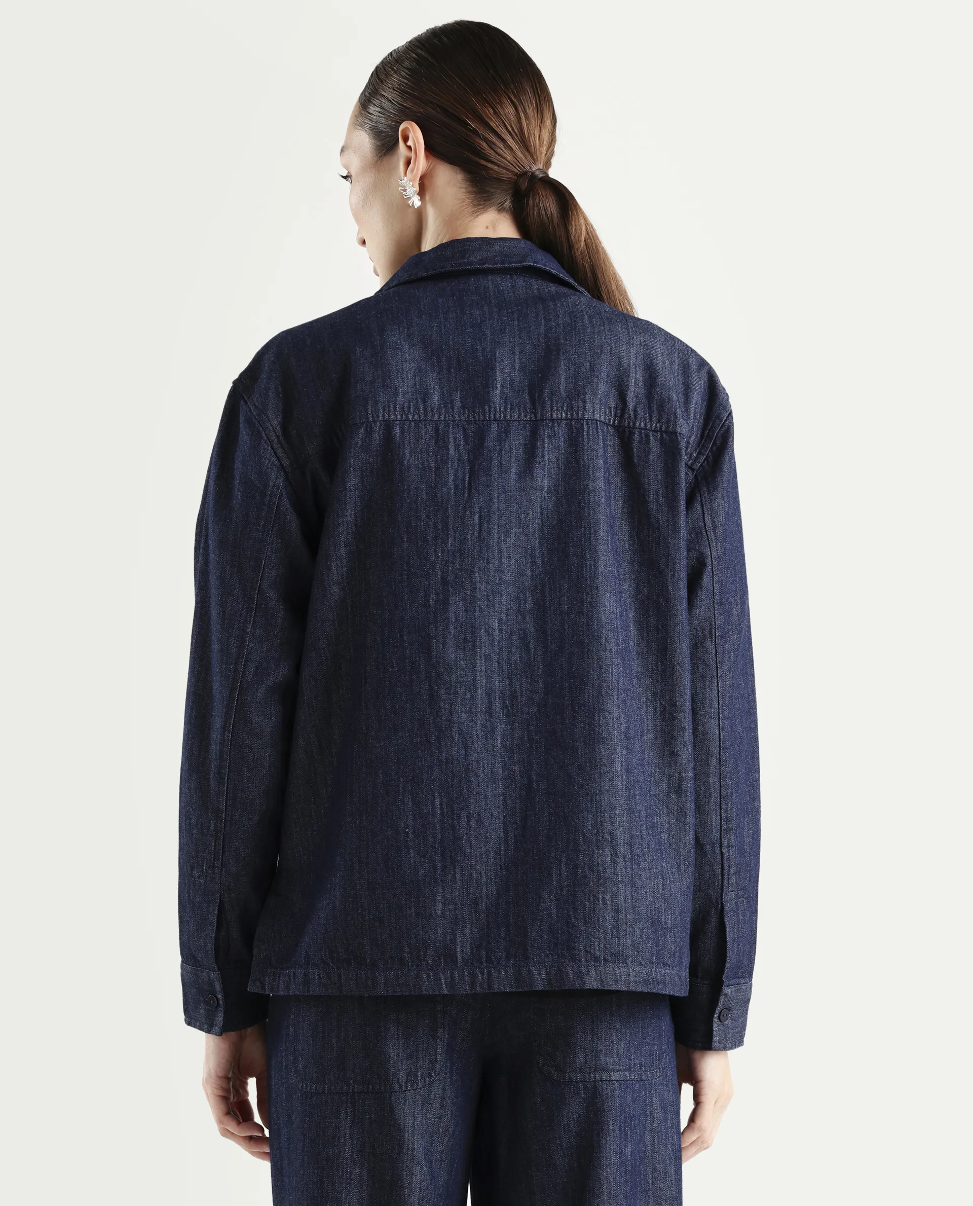 Rareism Women's Dento Blue Cotton Spread Collar Relaxed Plain Top - Image 7