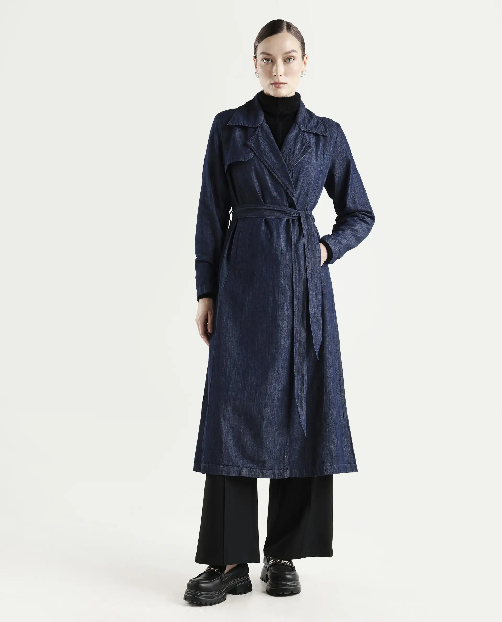 Rareism Women's Dentren Dark Blue Polyester Full Sleeve Lapel Collar Relaxed Fit Plain Coat - Image 2