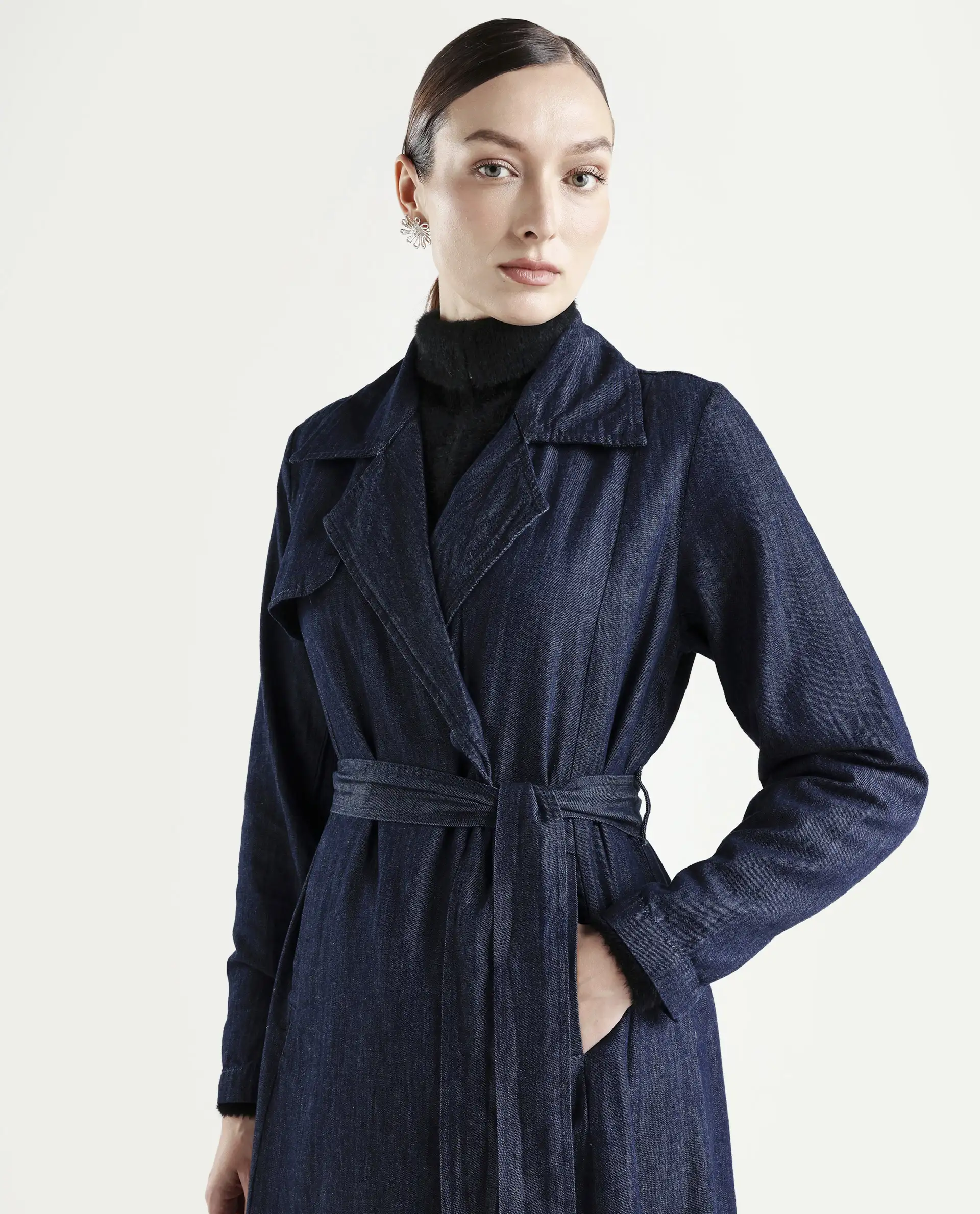 Rareism Women's Dentren Dark Blue Polyester Full Sleeve Lapel Collar Relaxed Fit Plain Coat - Image 3