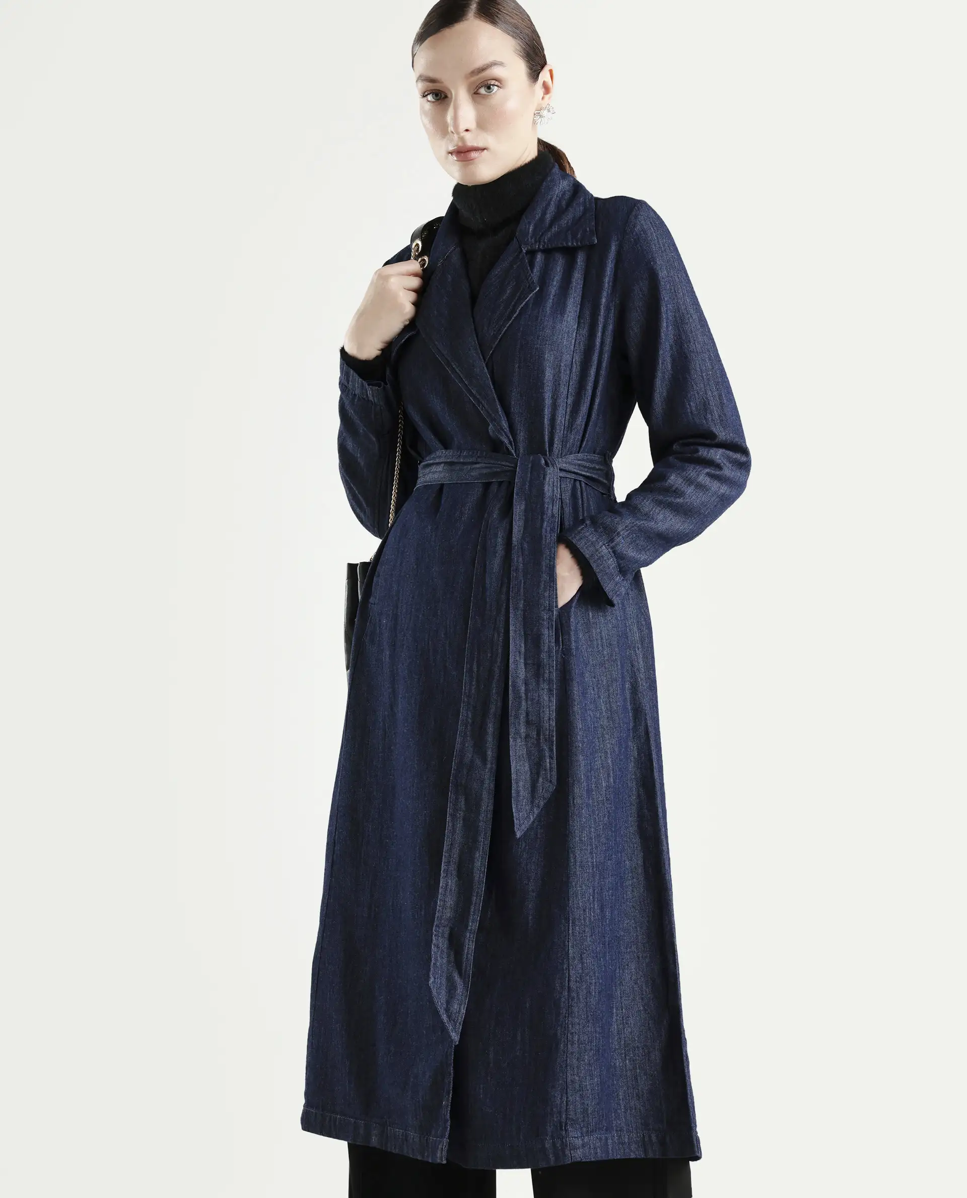 Rareism Women's Dentren Dark Blue Polyester Full Sleeve Lapel Collar Relaxed Fit Plain Coat - Image 4