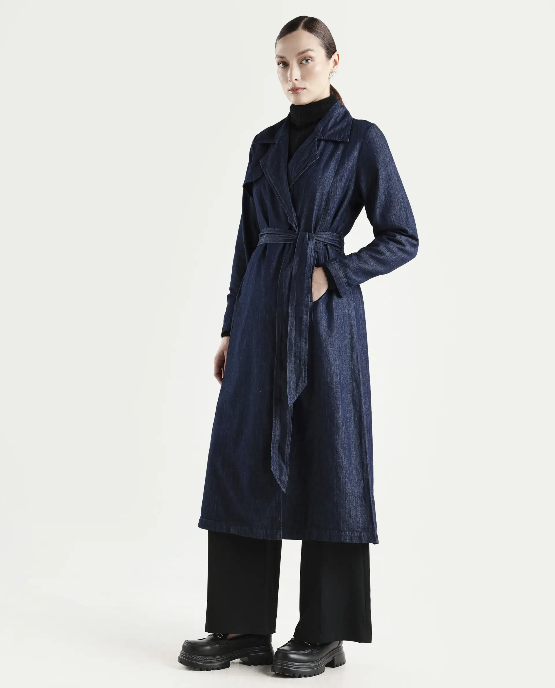 Rareism Women's Dentren Dark Blue Polyester Full Sleeve Lapel Collar Relaxed Fit Plain Coat - Image 5