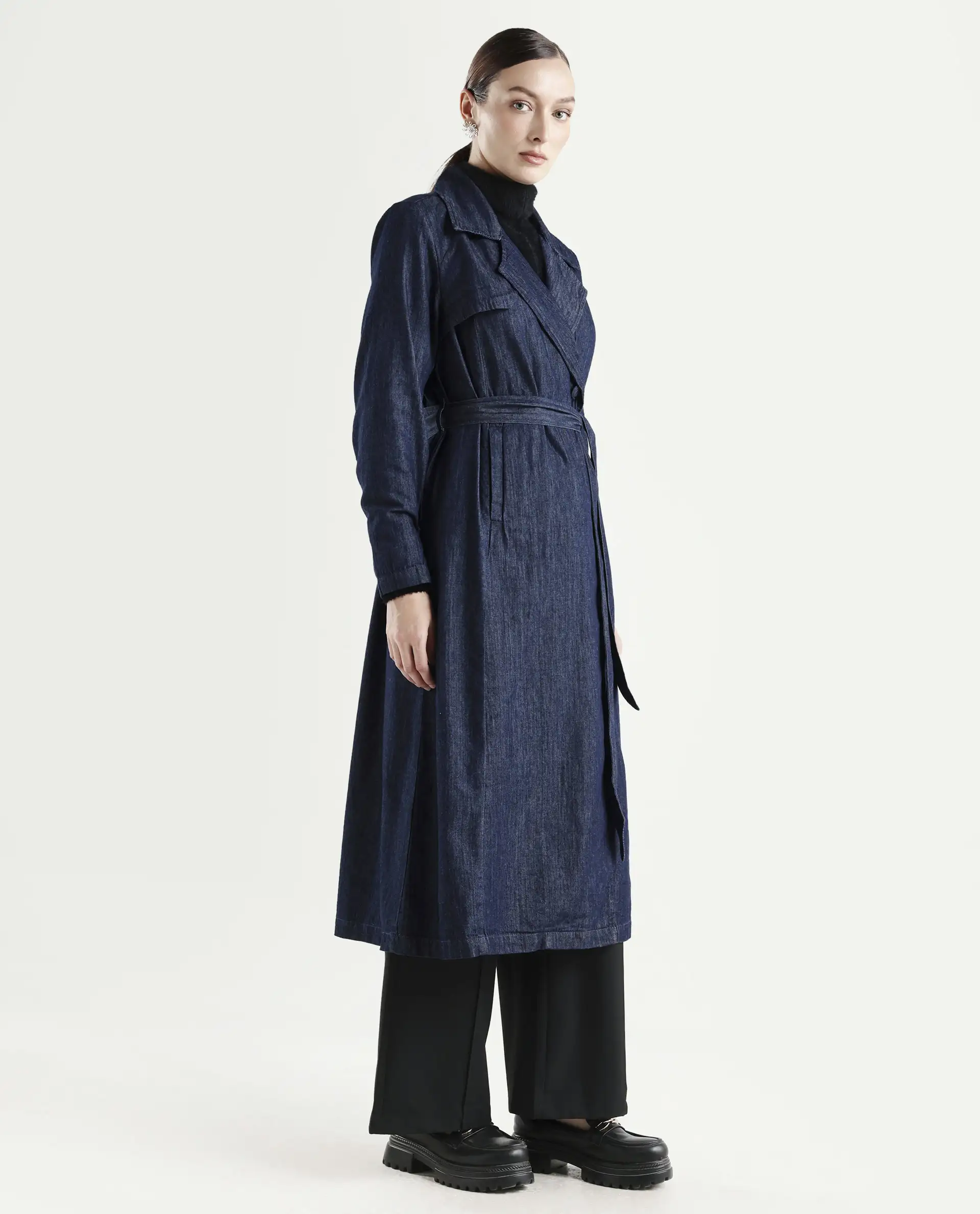 Rareism Women's Dentren Dark Blue Polyester Full Sleeve Lapel Collar Relaxed Fit Plain Coat - Image 6