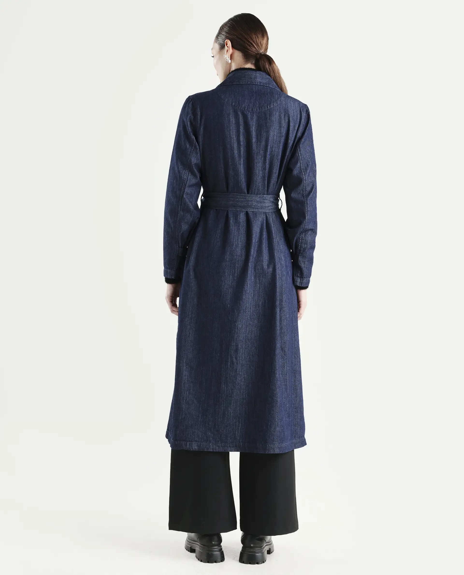 Rareism Women's Dentren Dark Blue Polyester Full Sleeve Lapel Collar Relaxed Fit Plain Coat - Image 7