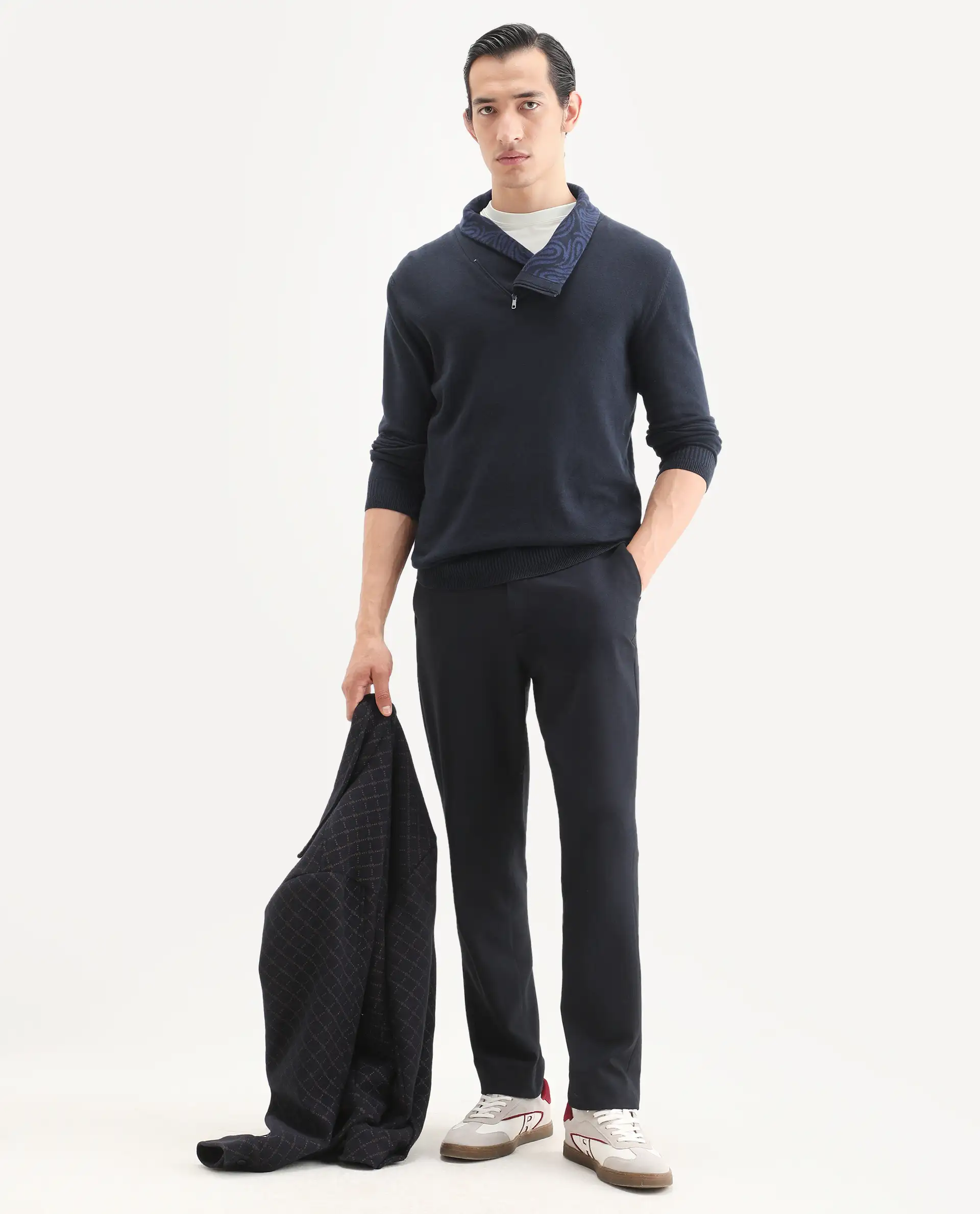 Rare Rabbit Men's Denver-25 Dark Navy Cotton Plain Regular Fit Full Sleeve Shawl Neck Sweater - Image 2