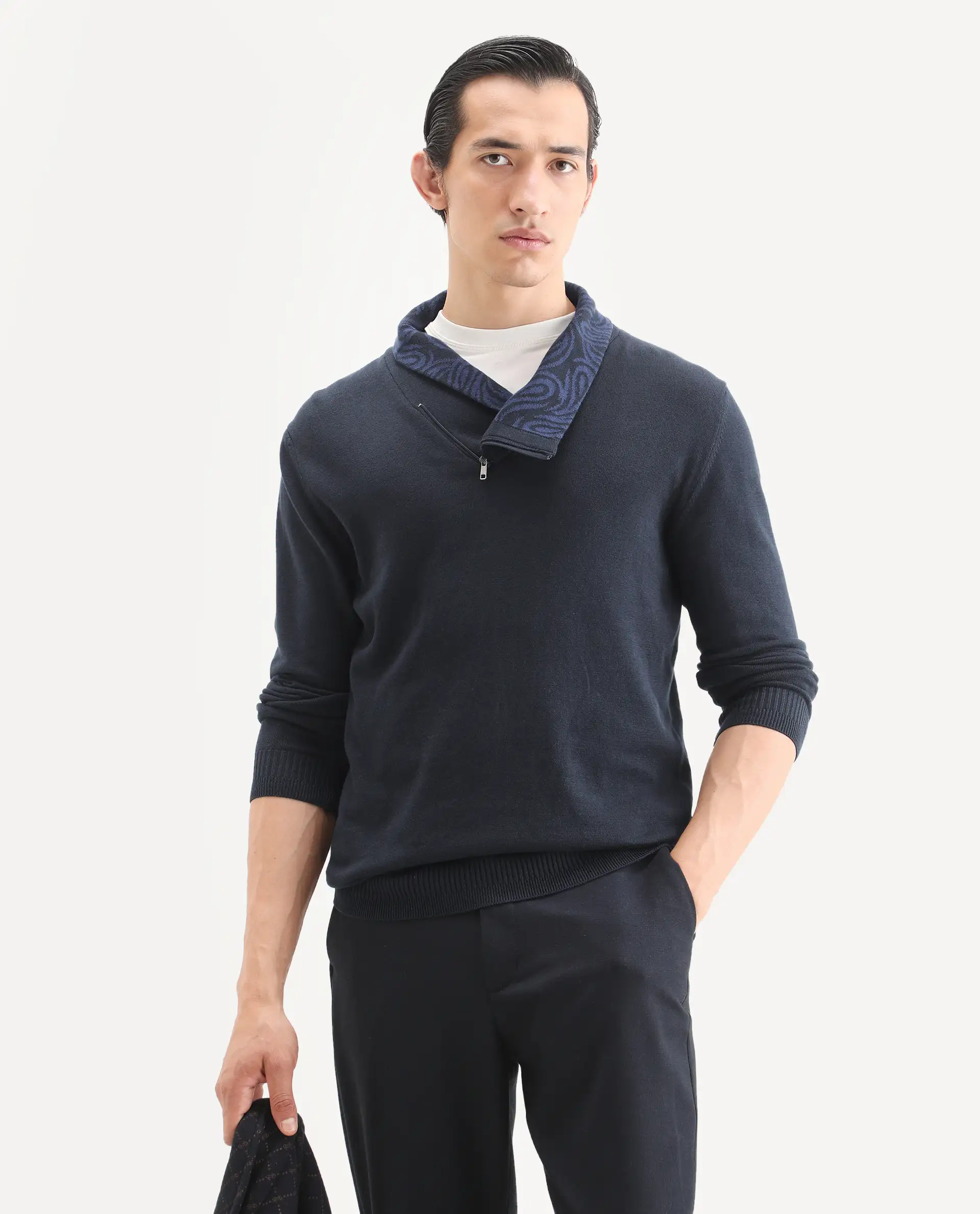 Rare Rabbit Men's Denver-25 Dark Navy Cotton Plain Regular Fit Full Sleeve Shawl Neck Sweater - Image 3
