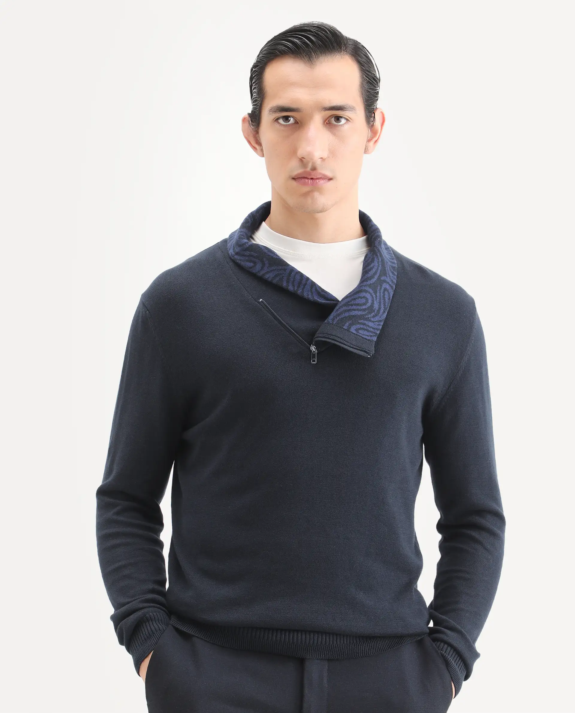 Rare Rabbit Men's Denver-25 Dark Navy Cotton Plain Regular Fit Full Sleeve Shawl Neck Sweater - Image 4