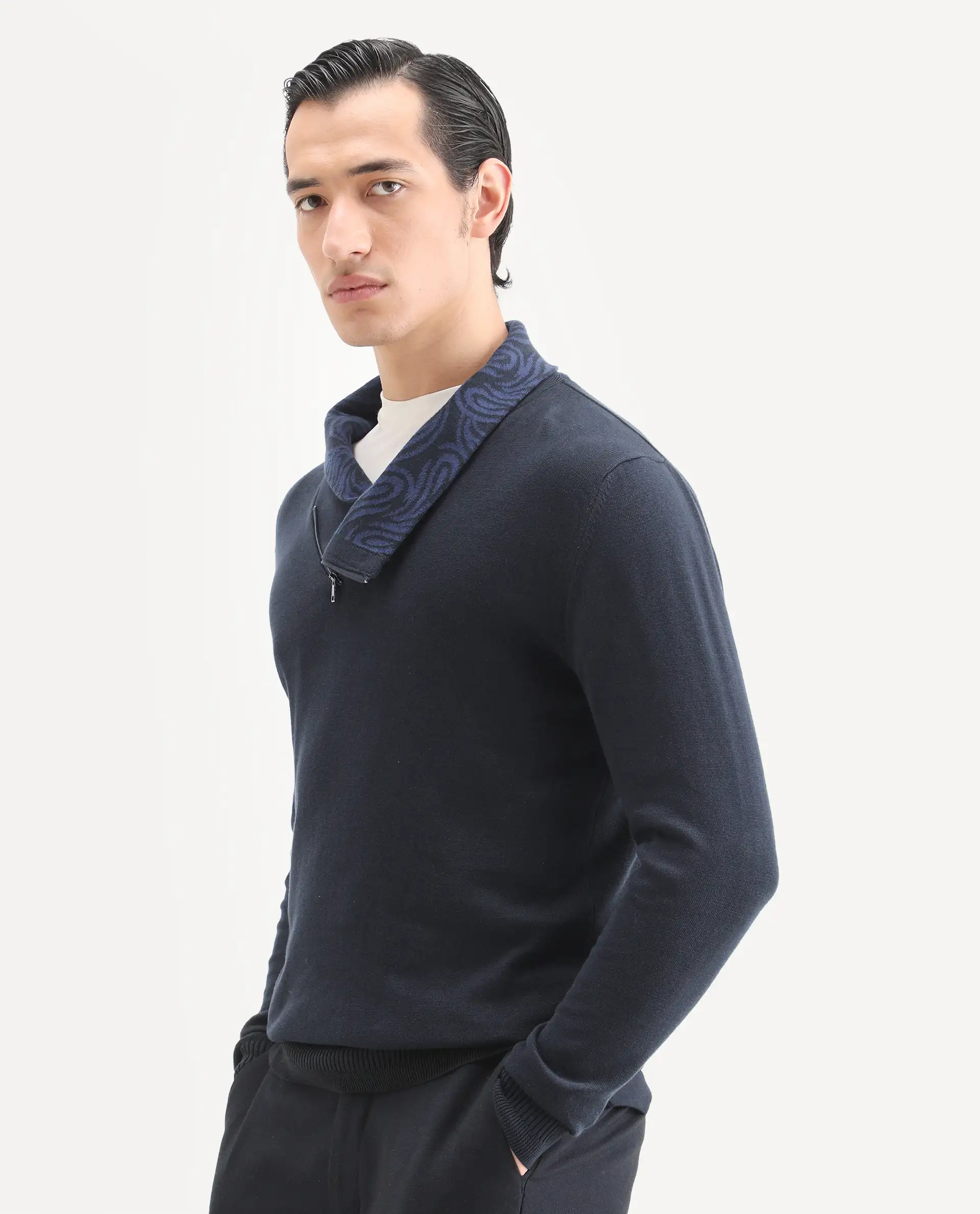 Rare Rabbit Men's Denver-25 Dark Navy Cotton Plain Regular Fit Full Sleeve Shawl Neck Sweater - Image 5