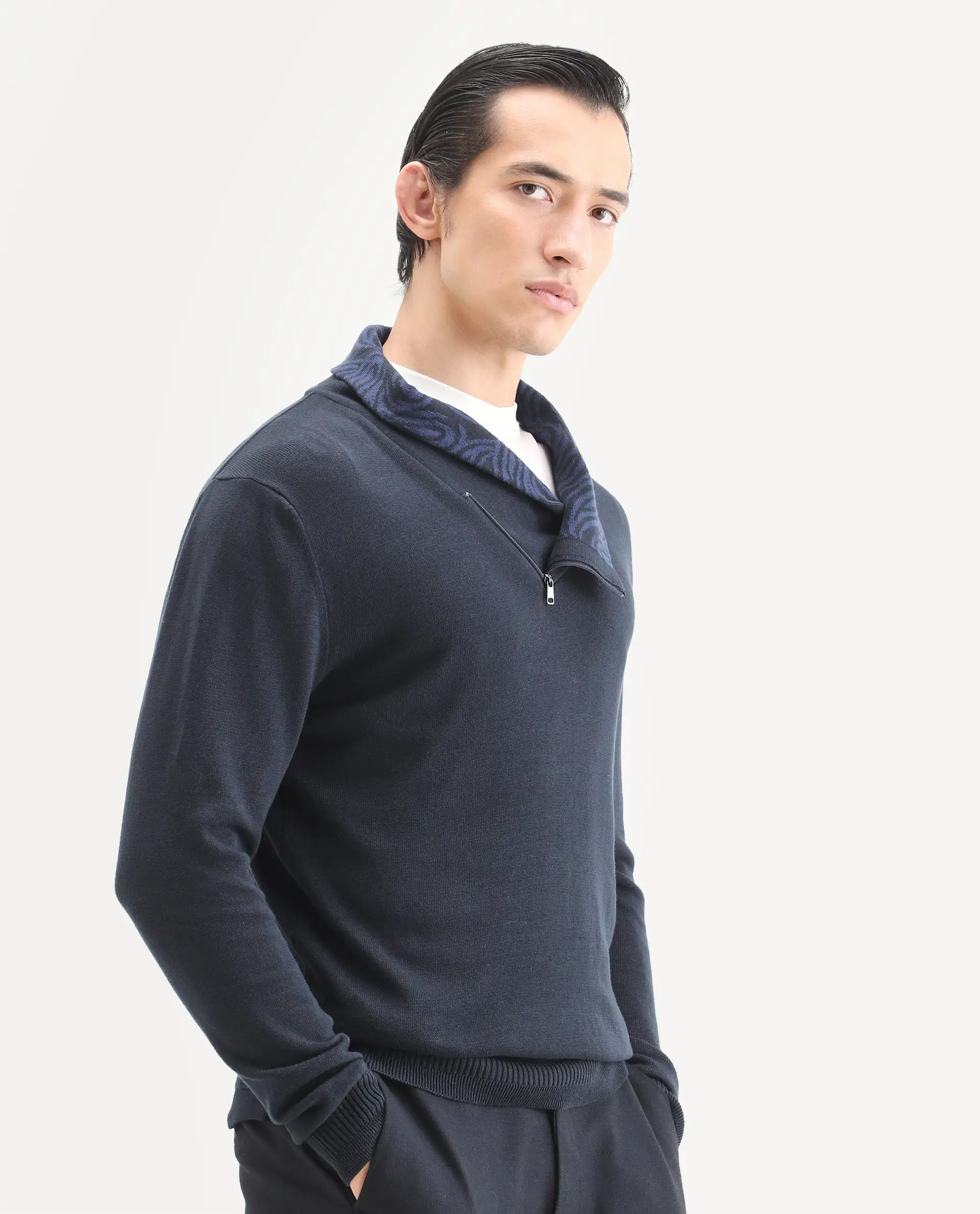 Rare Rabbit Men's Denver-25 Dark Navy Cotton Plain Regular Fit Full Sleeve Shawl Neck Sweater - Image 6