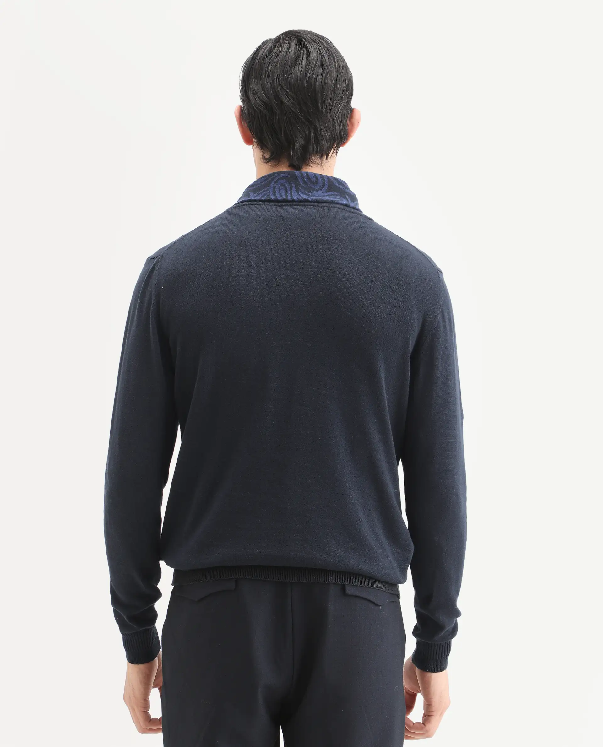 Rare Rabbit Men's Denver-25 Dark Navy Cotton Plain Regular Fit Full Sleeve Shawl Neck Sweater - Image 7