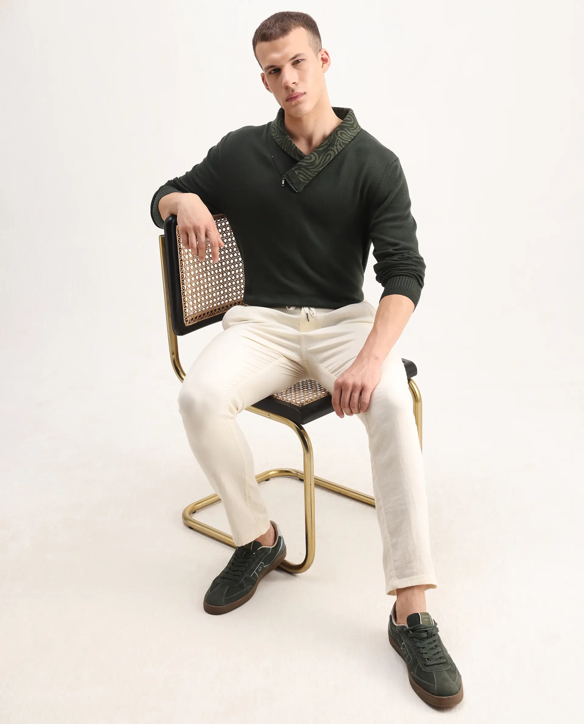 Rare Rabbit Men's Denver-25 Dark Olive Cotton Plain Regular Fit Full Sleeve Shawl Neck Sweater - Image 2