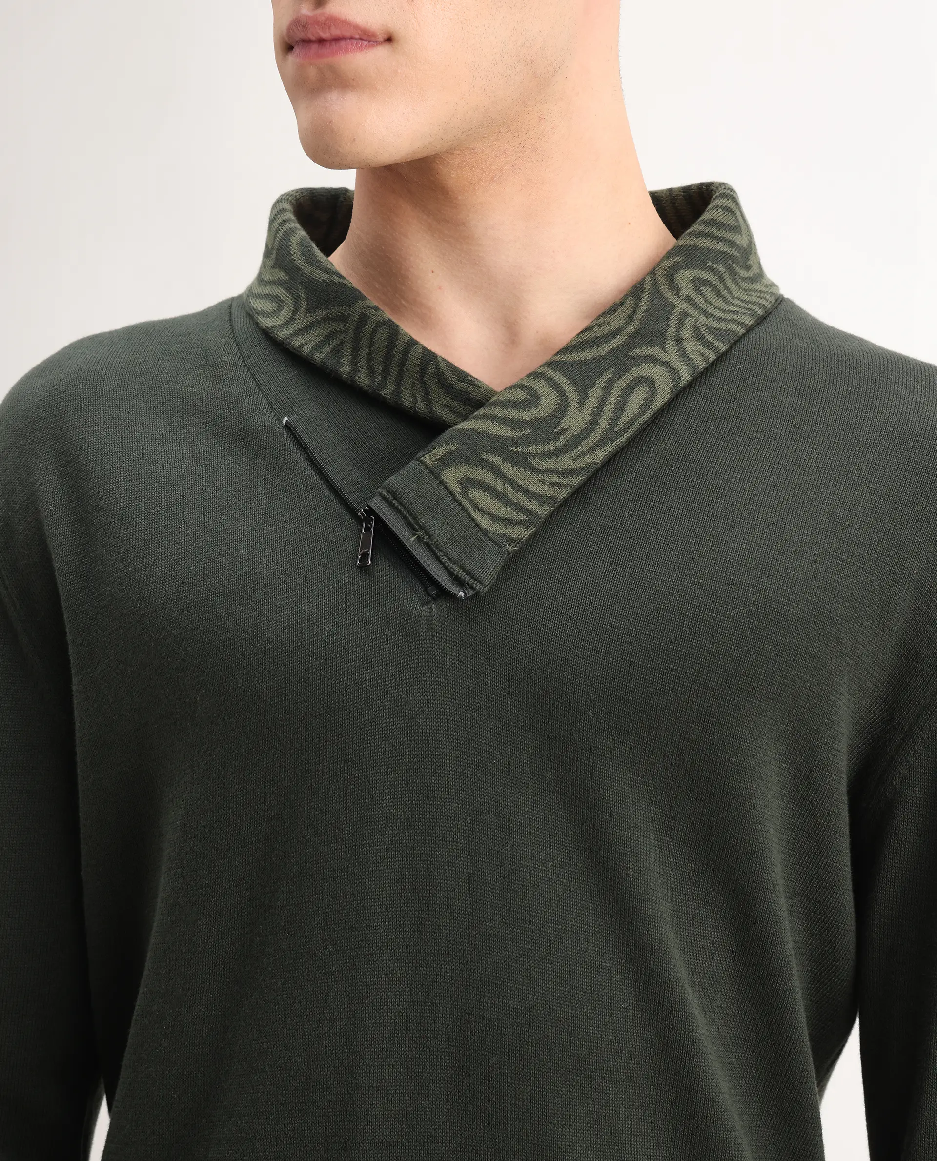 Rare Rabbit Men's Denver-25 Dark Olive Cotton Plain Regular Fit Full Sleeve Shawl Neck Sweater - Image 3