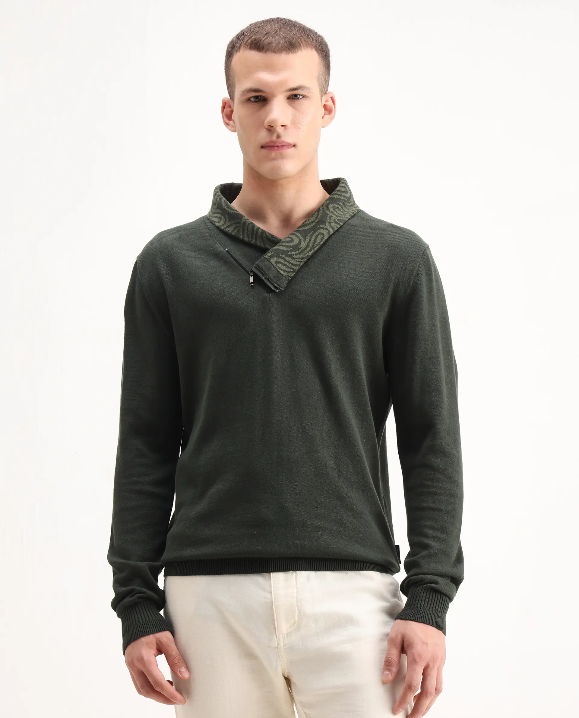 Rare Rabbit Men's Denver-25 Dark Olive Cotton Plain Regular Fit Full Sleeve Shawl Neck Sweater - Image 4