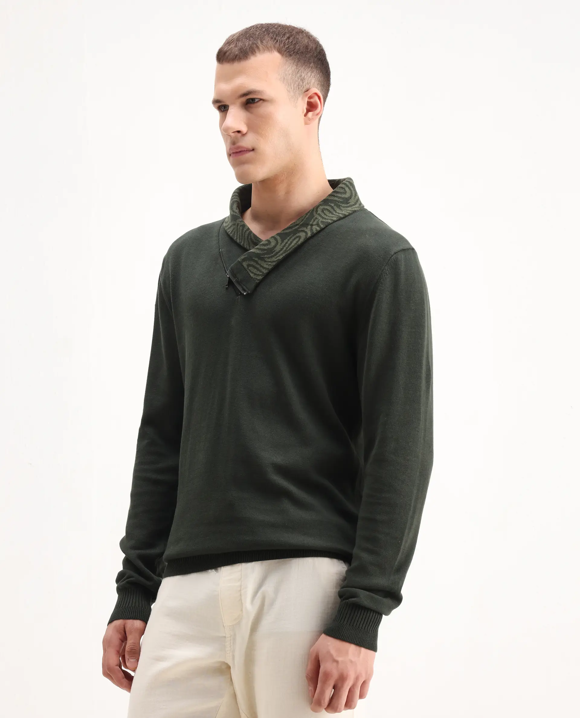 Rare Rabbit Men's Denver-25 Dark Olive Cotton Plain Regular Fit Full Sleeve Shawl Neck Sweater - Image 5