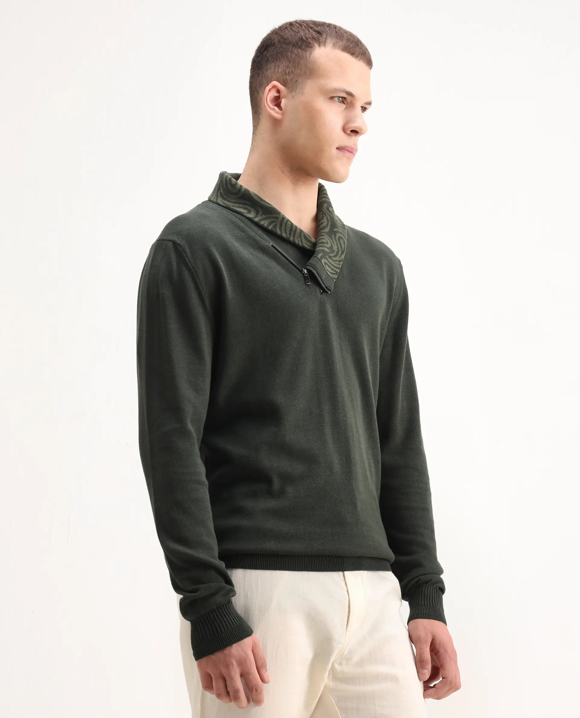 Rare Rabbit Men's Denver-25 Dark Olive Cotton Plain Regular Fit Full Sleeve Shawl Neck Sweater - Image 6