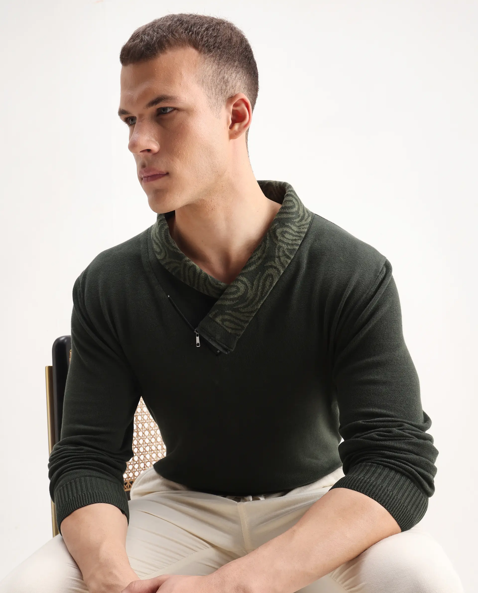Rare Rabbit Men's Denver-25 Dark Olive Cotton Plain Regular Fit Full Sleeve Shawl Neck Sweater - Image 7