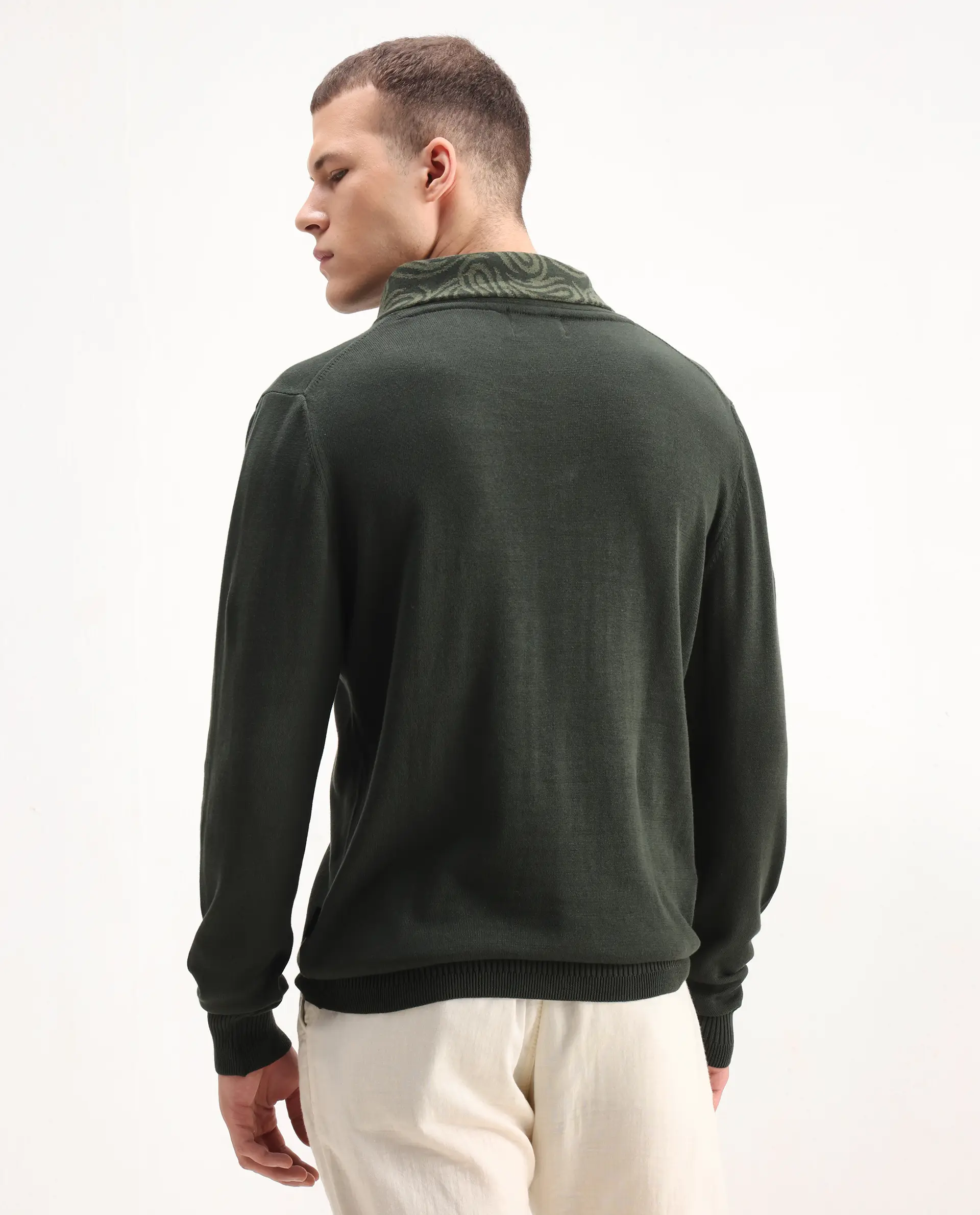 Rare Rabbit Men's Denver-25 Dark Olive Cotton Plain Regular Fit Full Sleeve Shawl Neck Sweater - Image 8