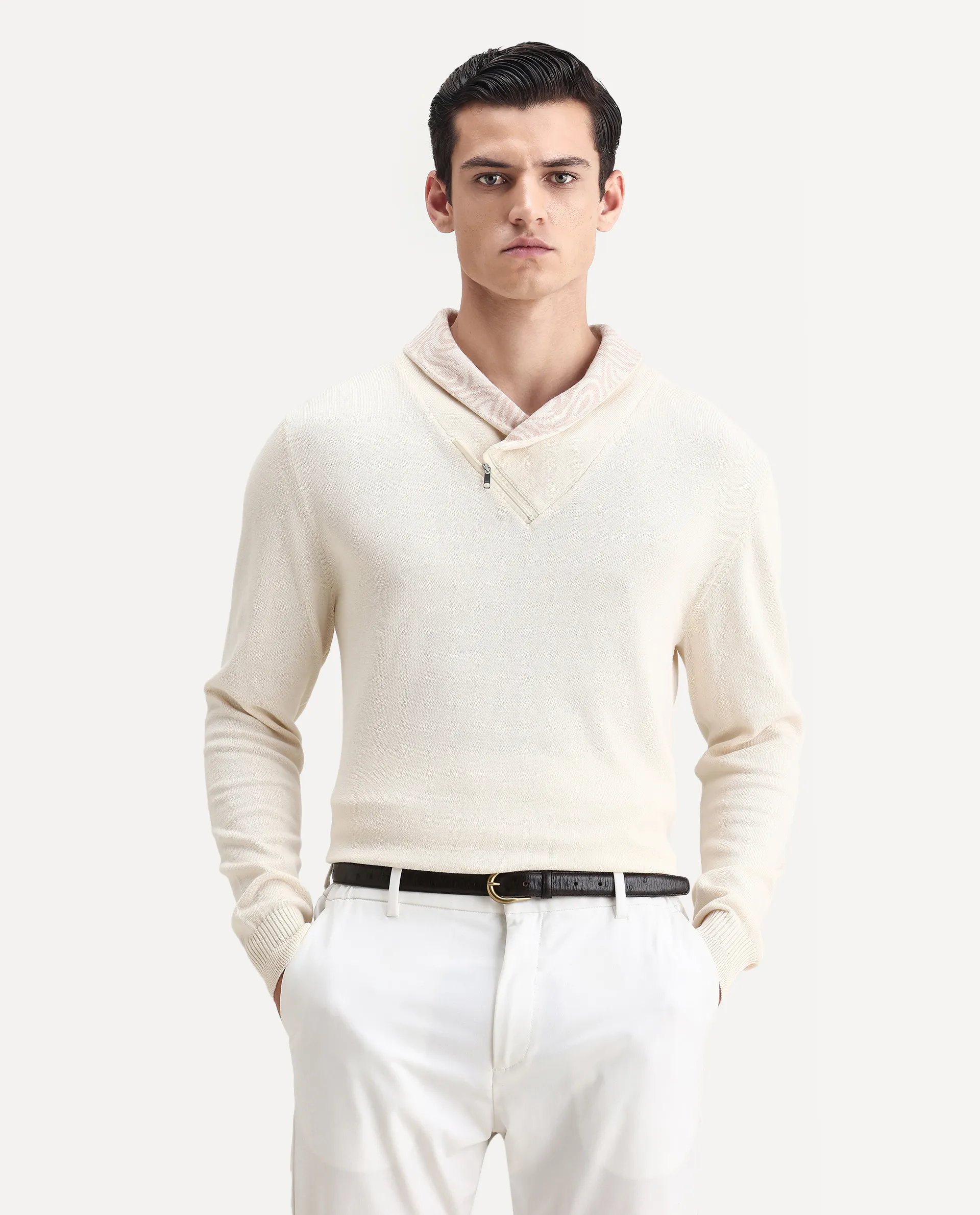 Rare Rabbit Men's Denver-25 Off White Cotton Plain Regular Fit Full Sleeve Shawl Neck Sweater