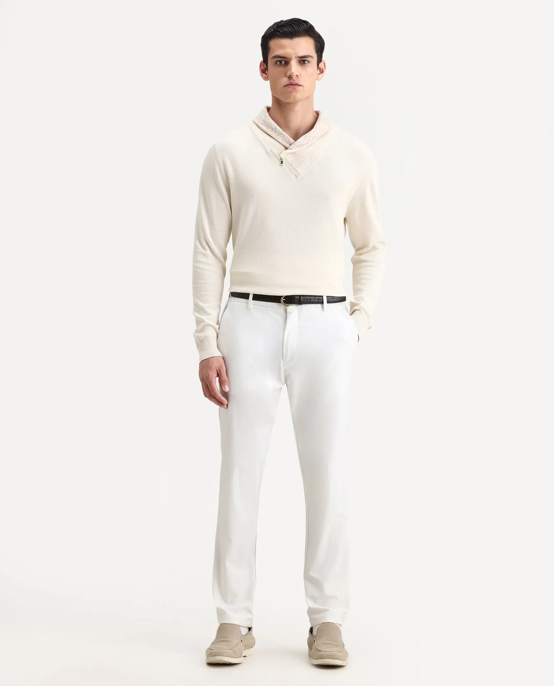 Rare Rabbit Men's Denver-25 Off White Cotton Plain Regular Fit Full Sleeve Shawl Neck Sweater - Image 2